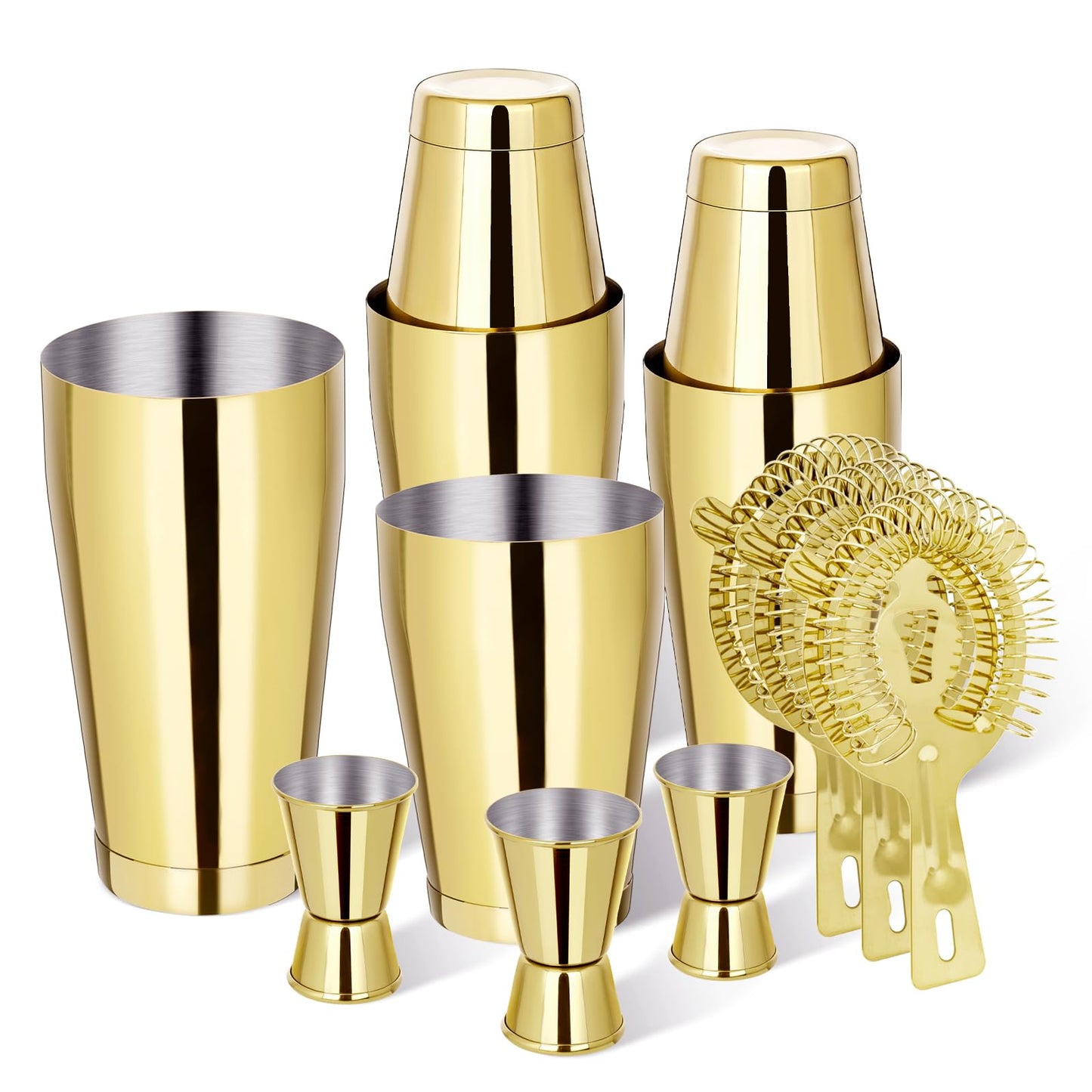 Boston Shaker Cocktail Set Bartender Kit, 12 Pcs Drink Shaker with Strainer Bartending Martini Shaker Tin with 18oz & 28oz Mixed Alcohol Shaker Professional Stainless Steel Bar Tool for Beginner(Gold)