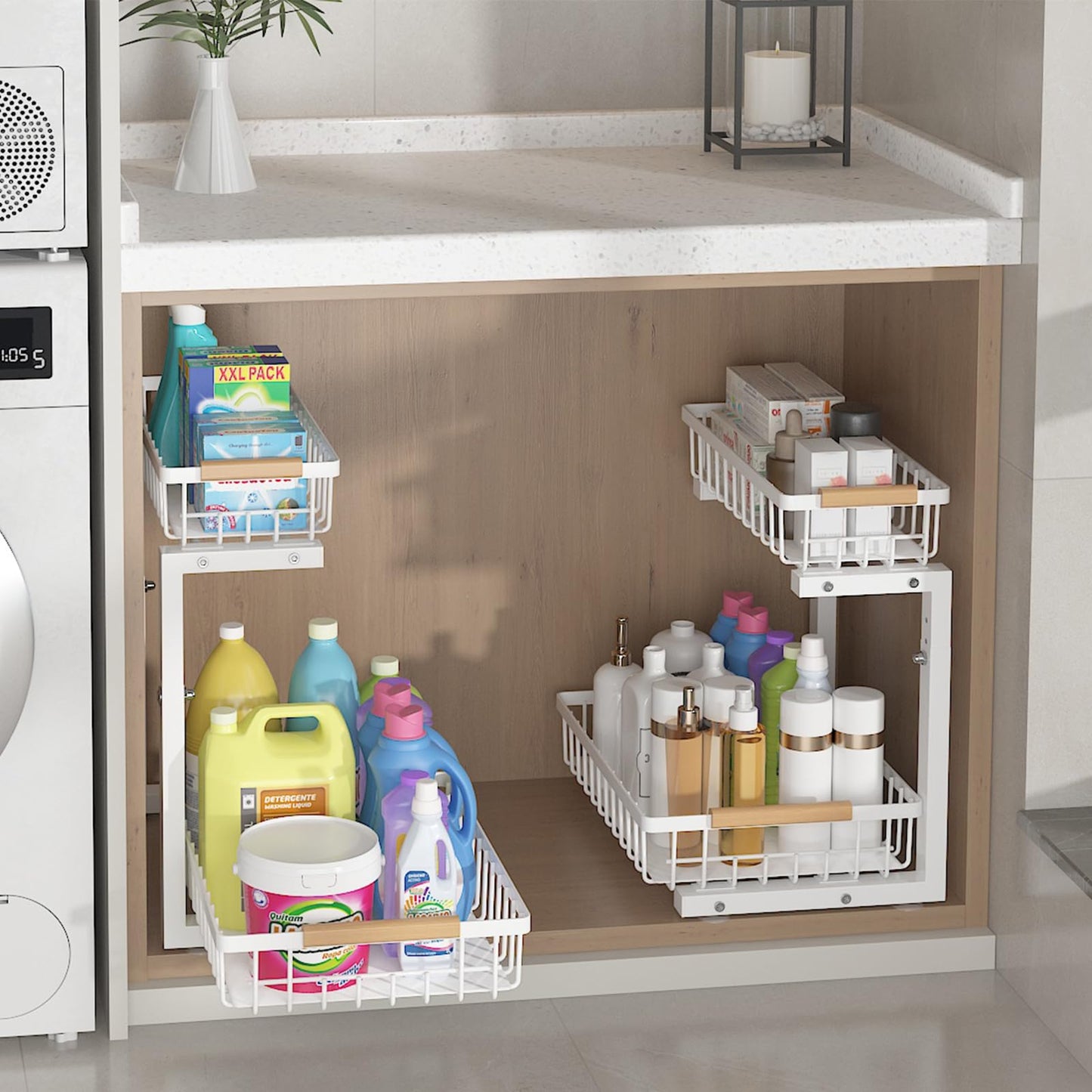 ADRIMER Under Sink Organizer 2 Packs, Pull Out Kitchen Sink Organizer, 2 Tier Slide Out Kitchen Organizers and Storage Premium Metal Cabinet Storage Shelf, White