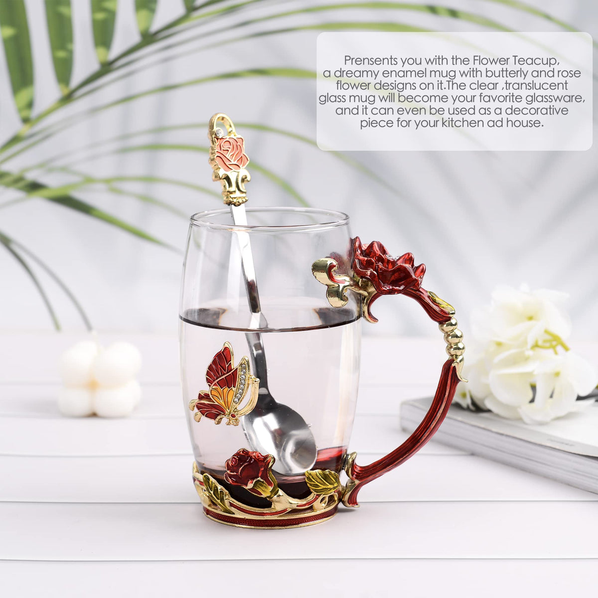 WOBOX Glass Coffee Cup Tea Mug & Gifts with Spoon Set Handmade Enamel Butterfly Rose Flower for Mothers Day Gift, Women(2 Set Red)