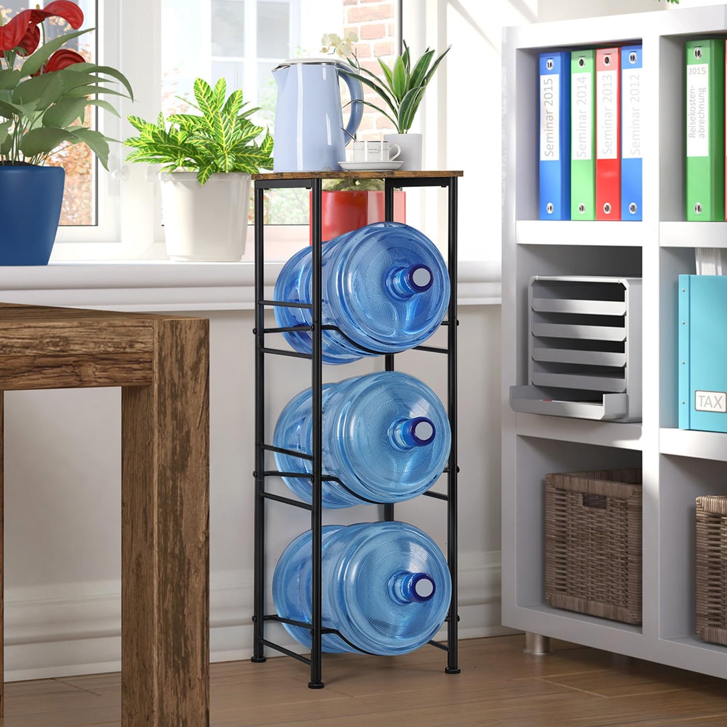 5 Gallon Water Bottle Jug Holder 3-Tier Water Bottle Holder Organizer with Top Shelf, Heavy Duty Water Dispenser Stand Rack for Kitchen Living Room Office, Rustic Brown