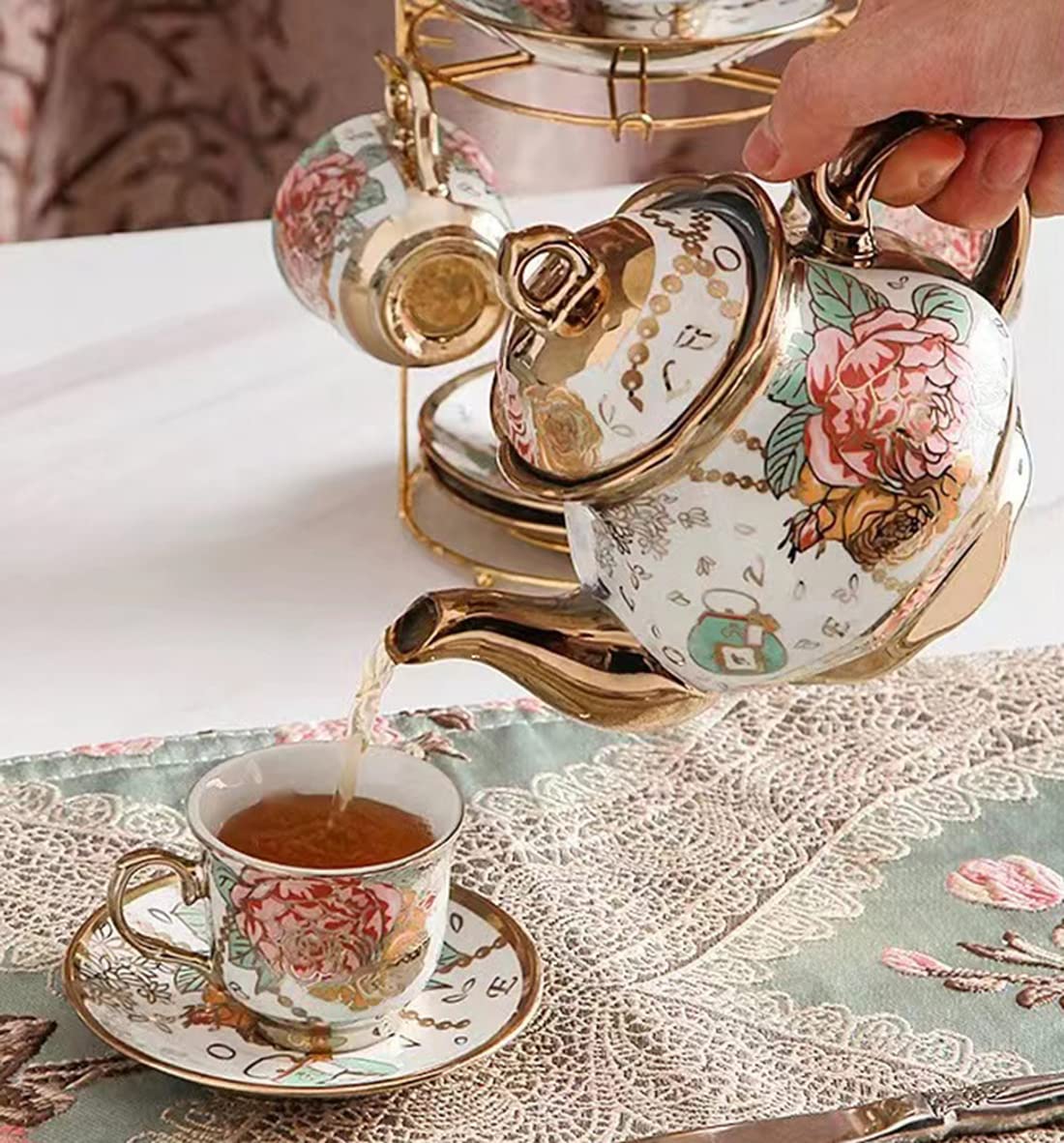 CHANJOON Tea Sets Gold Plated Red Rose Ceramic Tea Set, Vintage Teapot Tea Sets Beautiful Tea Set Coffee Serving 6 People (Golden, Large)