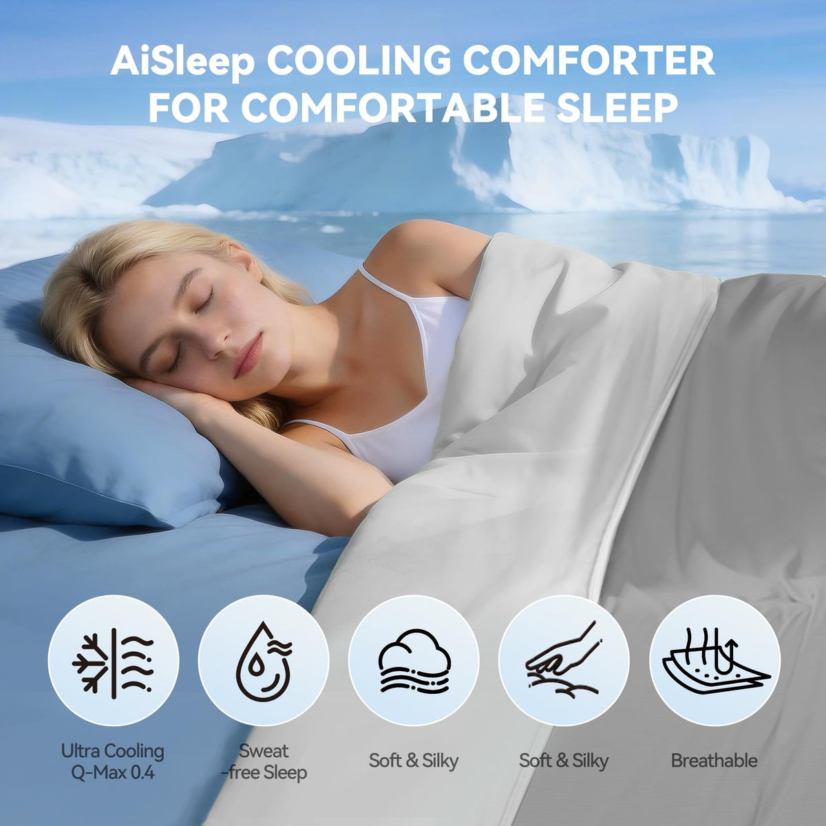 AiSleep Cooling Comforter Queen Size, Cooling Blankets for Hot Sleepers and Night Sweats, Double-Sided Cool Tech All Season Bedding, Q-Max 0.43 Breathable Silky Smooth Summer Comforter-Cool Gray