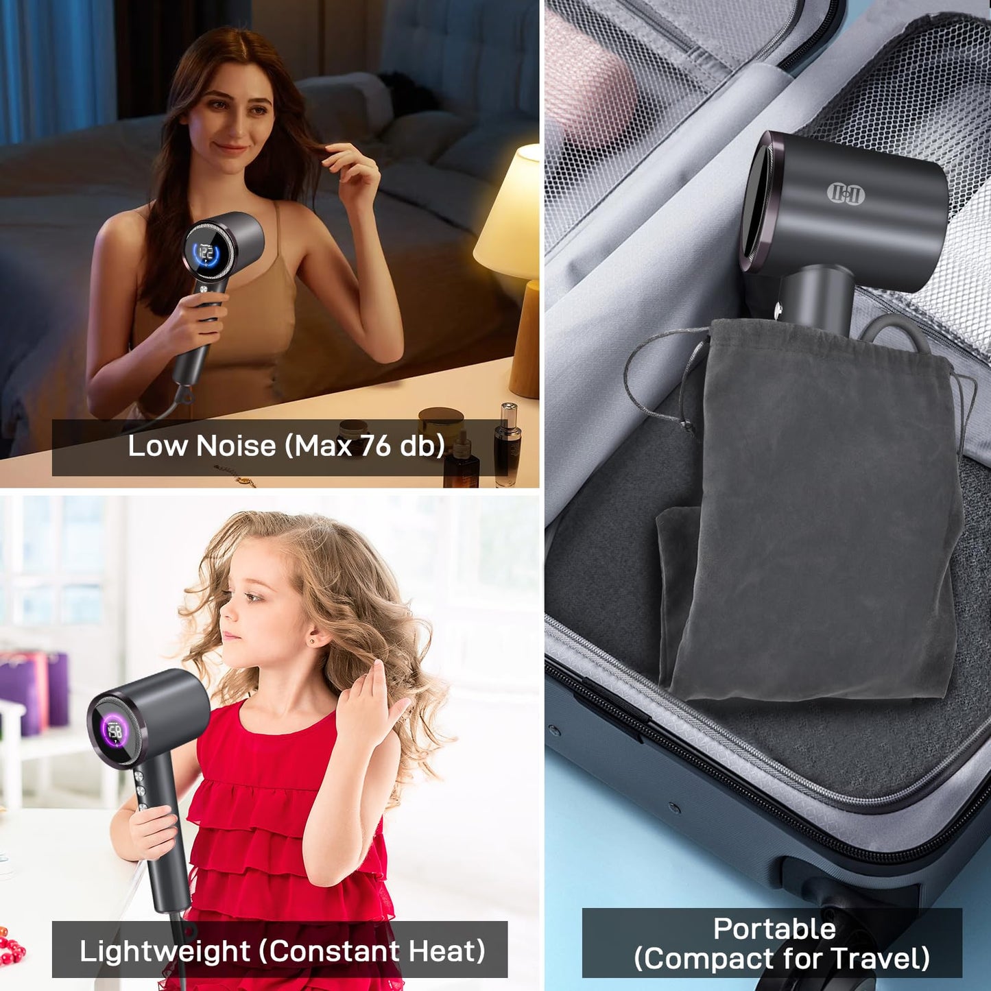 CIICII Negative Ionic Hair Dryer Professional, 120000RPM High Speed Blow Dryer (1600W Brushless/ 3-Speed/ 4-Temp & HD Display & Portable Bag) Fast Drying Hairdryer for Home, Travel & Salon (Black)