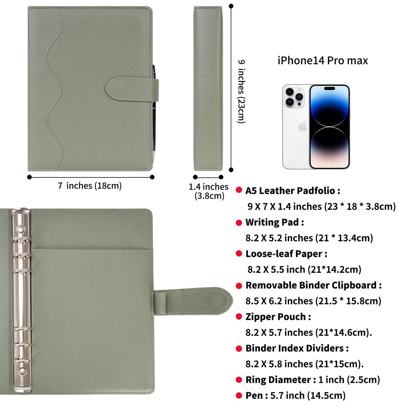WASON A5 Leather PU Journal Notebook Refillable Paper, Removable Portfolio Ring Binder with Clipboard Writing Notepad and Pen for Travel Business School Organizer (Green)