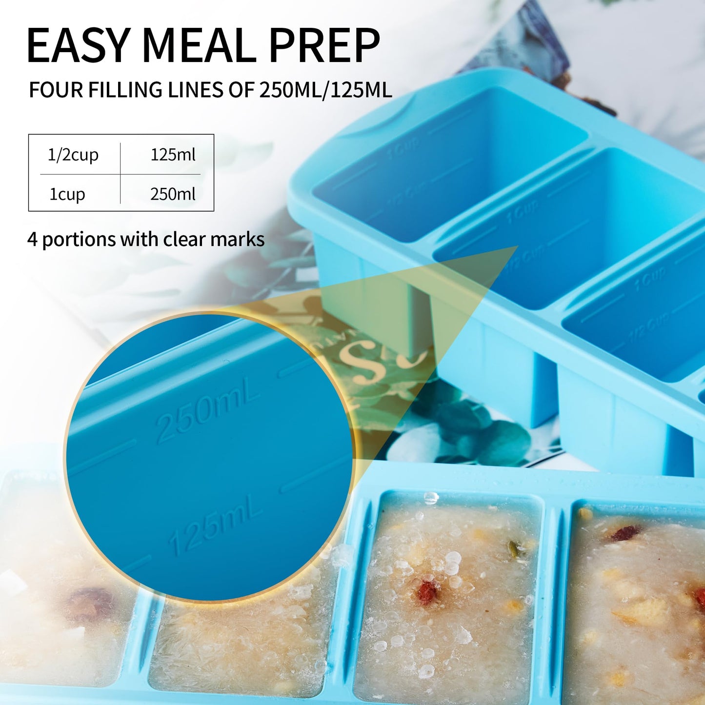 WENQING Silicone Freezer Tray with Lid 2 Pack Silicone Freezer Molds - Large Ice Cube Tray - Makes 8 Perfect 1 Cup Portions Soup Cubes Meal Prep Containers- Oven & Dishwasher Safe