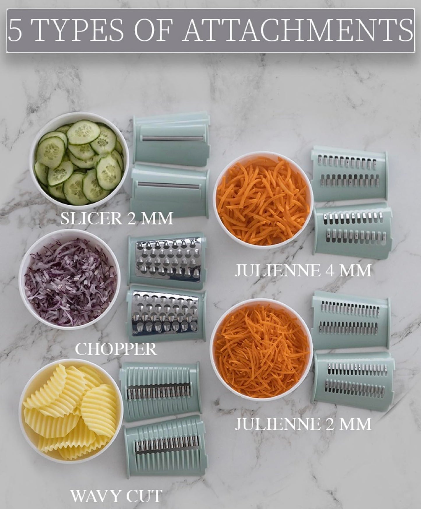 Rotary Cheese Grater 5-in-1 with Handle – Vegetable Slicer, Shredder, Carrot Grater, Nut Grinder & Chocolate Shaver, Durable Stainless Steel Blades (Light Green)