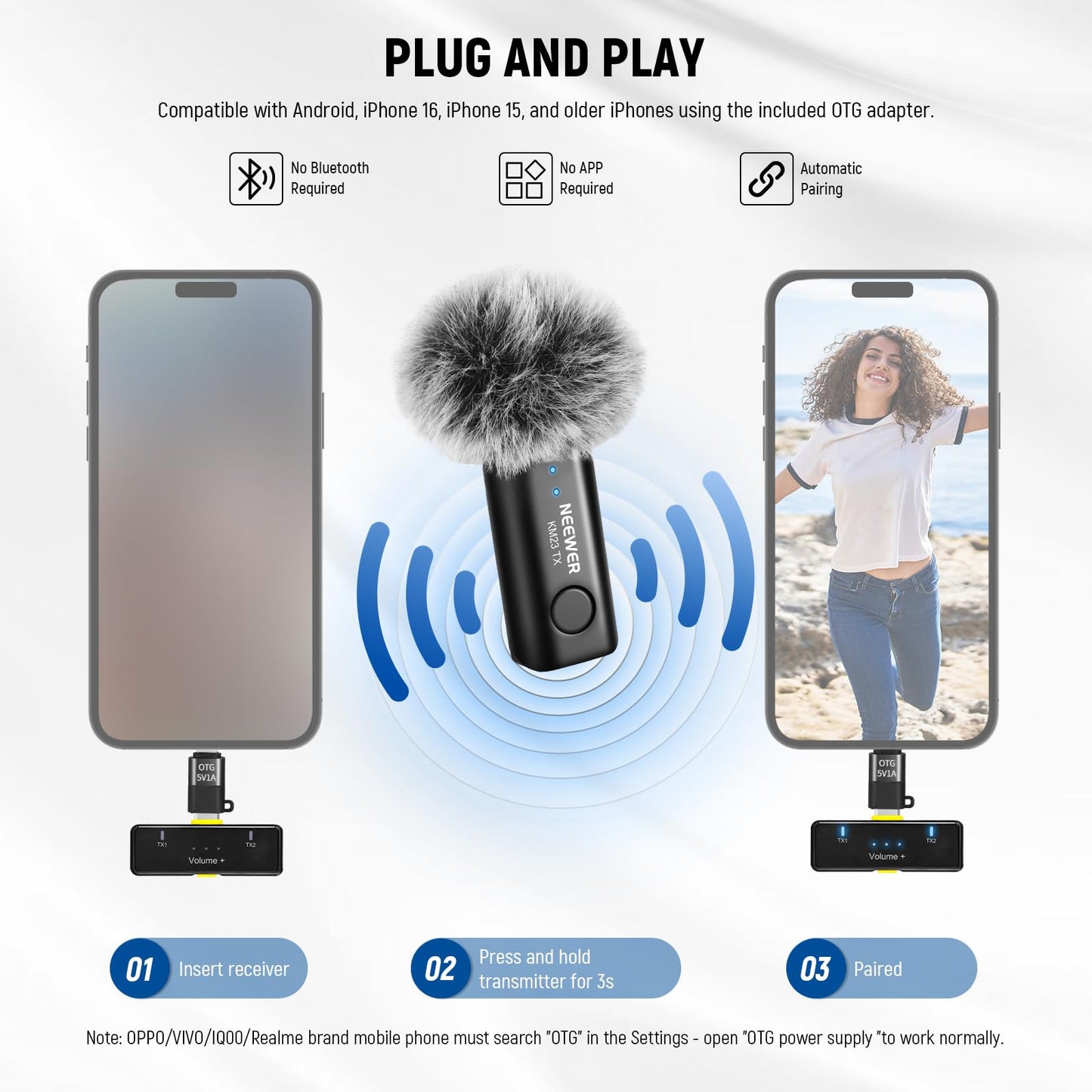 NEEWER Wireless Lavalier Microphone for iPhone Android Tablet PC Laptop 131ft/40m Range Noise Cancellation Omnidirectional Mic for Vlogging Live Streaming (1x RX + 2x TX), KM23