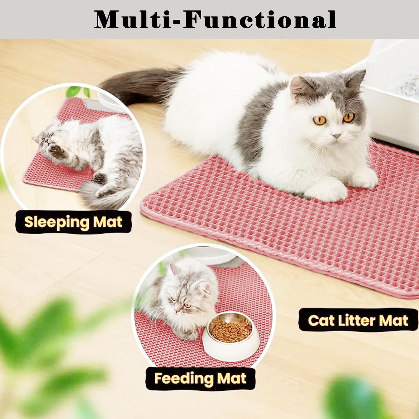 HCY&WLD Cat Litter Mat, Honeycomb Double Layer Cat Litter Trapping Mat, Waterproof Urine Proof Non-Slip, Scatter Control, Less Waste, Easier to Clean (Pink, 30" X 22")