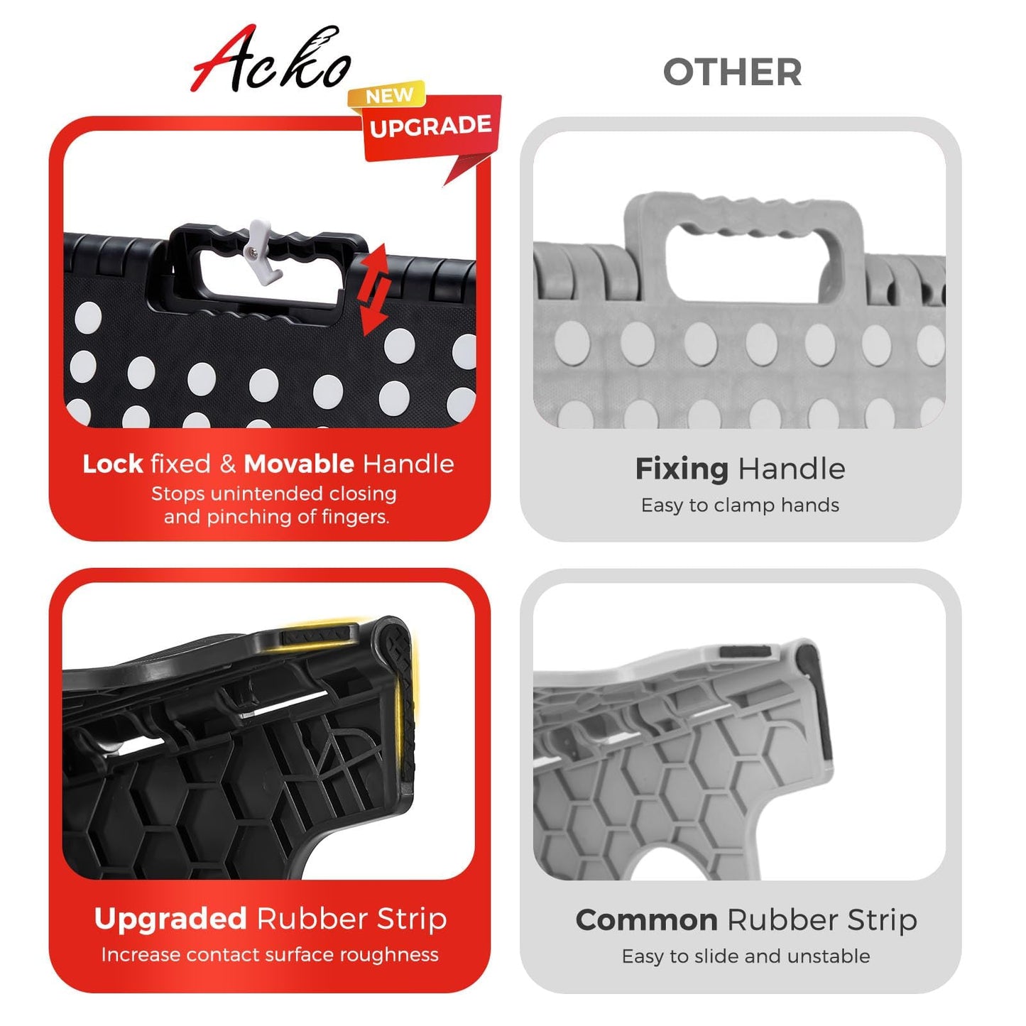 ACKO Folding Step Stool 16 Inch Heavy Duty Step Stool Foldable for Adults and Kids, Collapsible Black Stool with Handle, Non Slip Folding Stools for Kitchen Hold Up to 400lbs