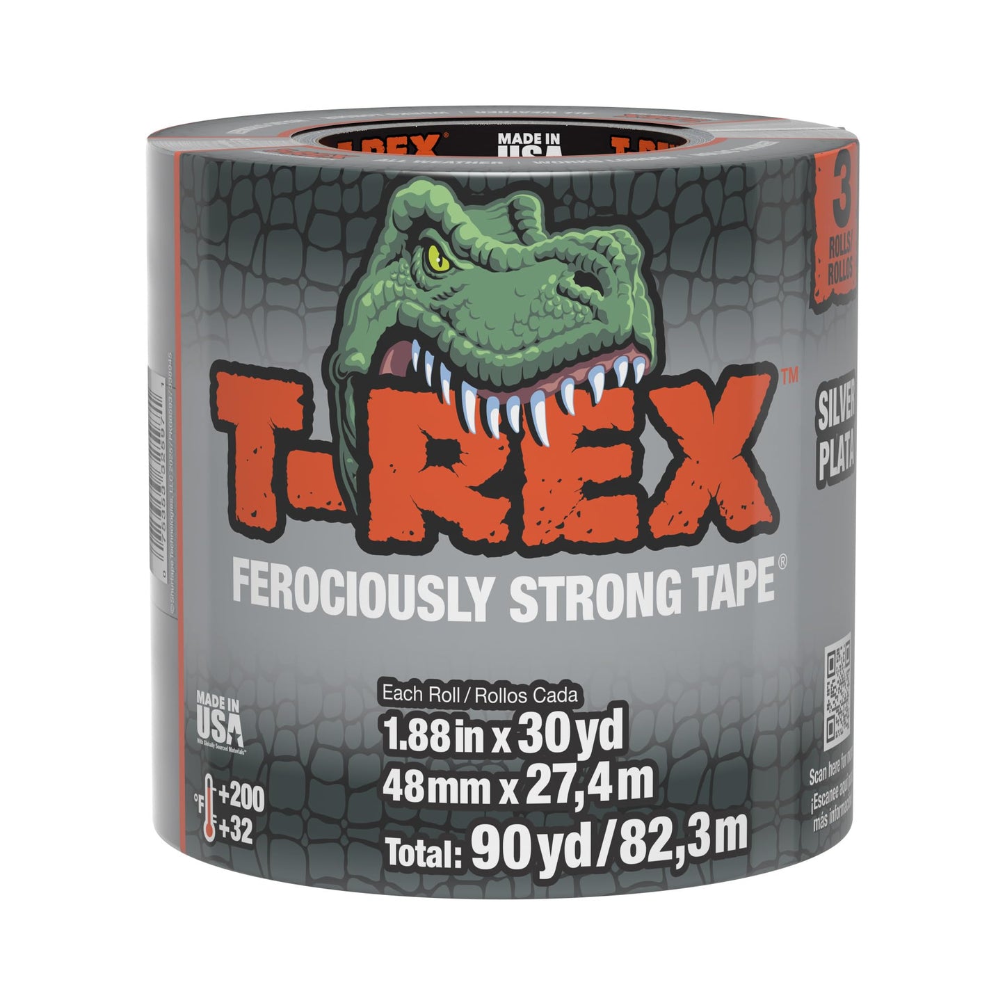 T-Rex Tape Heavy Duty Duct Tape with UV Resistant & Waterproof Backing for Ferociously Strong Repairs, 1.88" x 30 yd, Gunmetal Gray, 3 Rolls