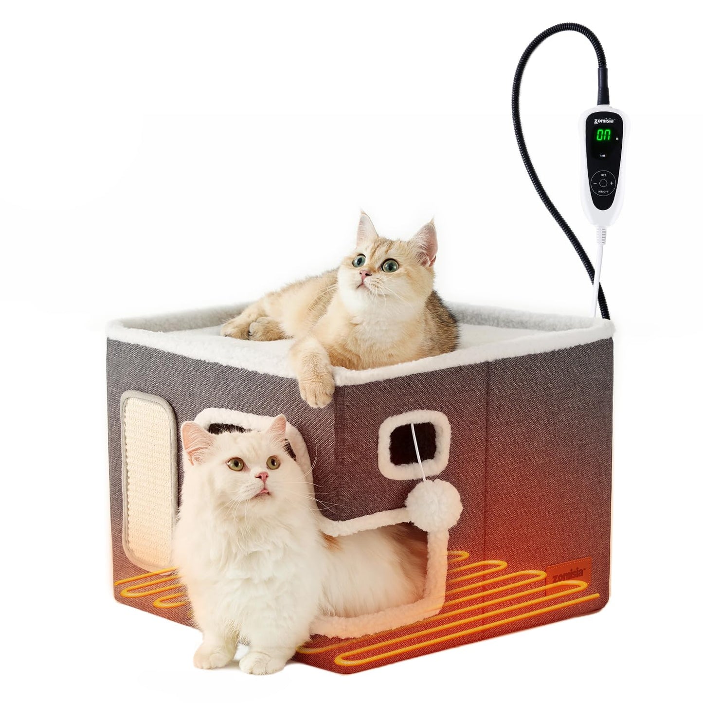 ZOMISIA Heated Cat House for Indoor Cats - Cat Warming Bed for Winter with Fluffy Ball Hanging and Adjustable Heating Pad, Foldable Cat Hideaway,16.5x16.5x13 inches, Grey