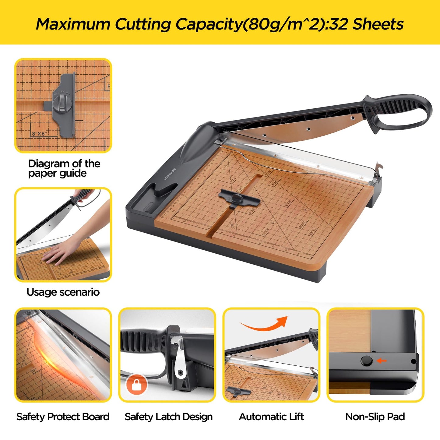 12 Inch Wood Guillotine Paper Cutter, Heavy Duty Paper Trimmer with 32 Sheets Capacity Paper Cutting Board for Classroom, Crafting, Cardstock, Art Projects