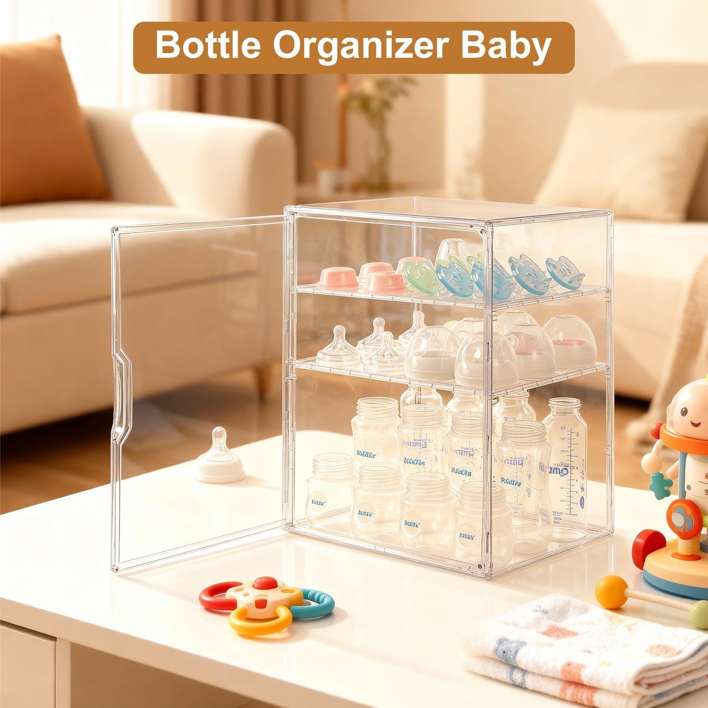 Onilife Baby Bottle Storage Organizer for Countertop Cabinet, 3 Tier Adjustable Bottles Station Container, Clear Acrylic Case Box with 2 Removable Dividers and Magnetic Door, Large