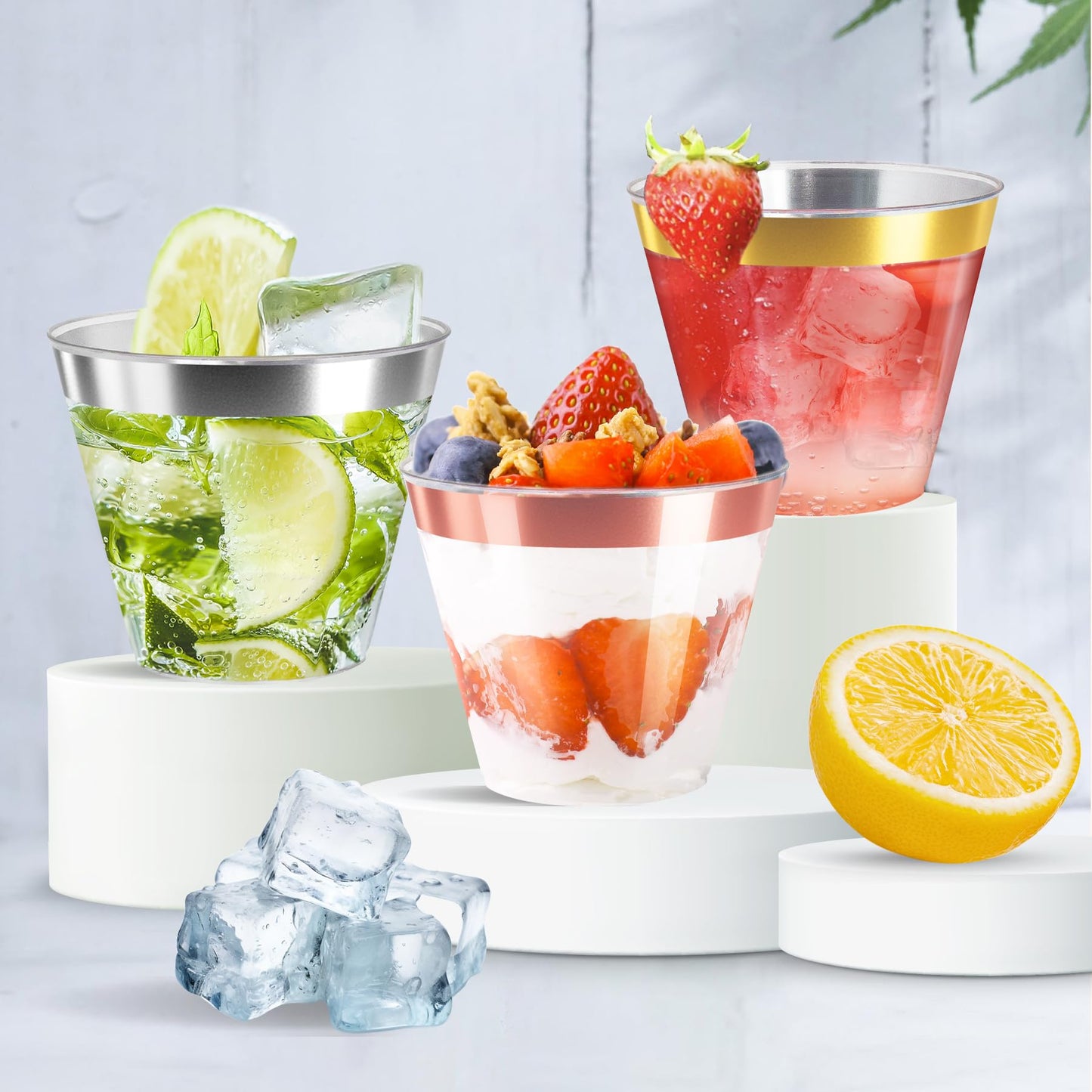 [200 Pack] 9oz Clear Plastic Cups with Gold Rimmed Sturdy & Food Safe Disposable Wine Glasses Party Wedding Cups Disposable Drinking Cups Plastic Cocktail Glasses for Wine, Juice & Cold Beverages