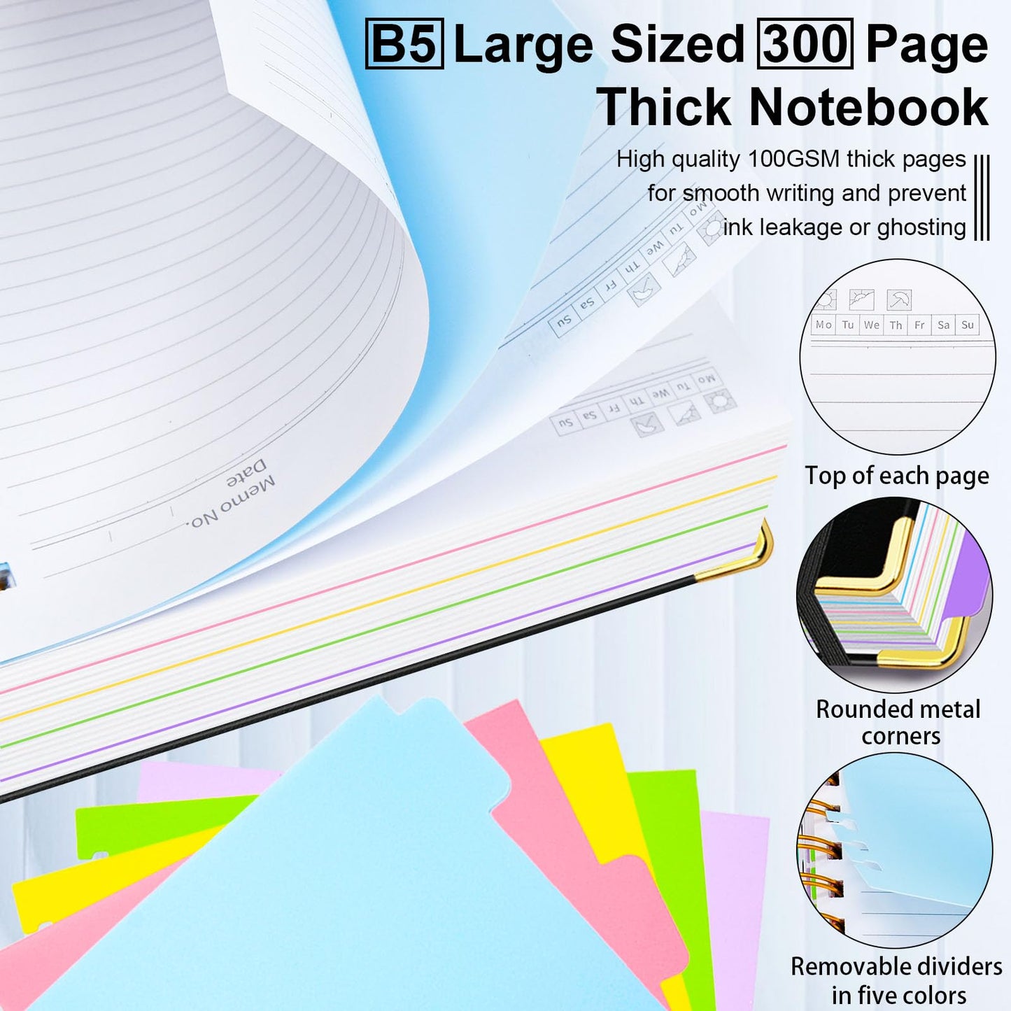 Hardcover Spiral Notebook 8"x10" Journal Notebook with Tabs and Removable Dividers 300 Pages 5 Subject Notebook College Ruled, Faux Leather Spiral Bound Notebook for Women, School Work(Black)