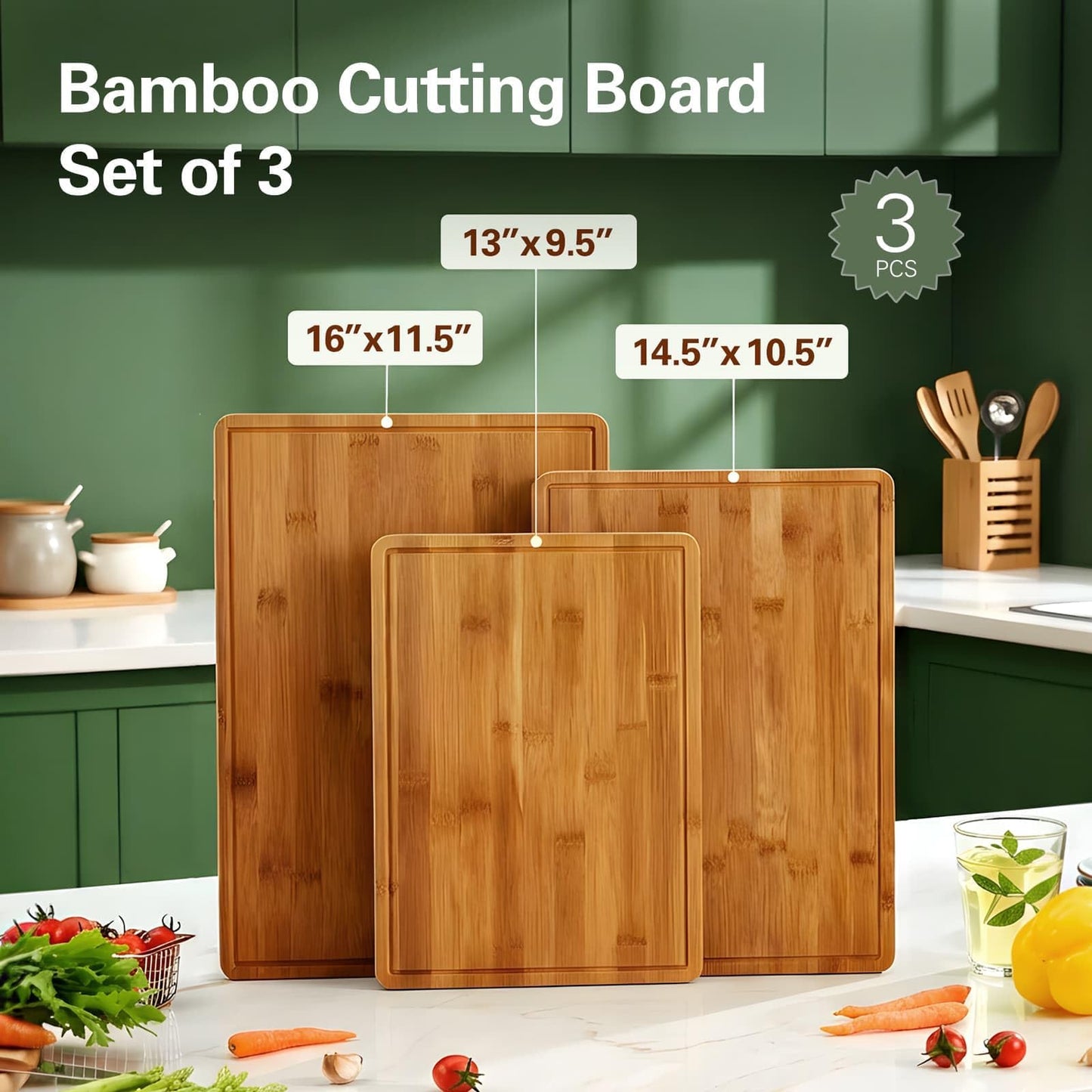 Zarler 3 Pack Bamboo Cutting Boards for Kitchen, 500℉ Carbonized Bamboo Wood Cutting Board with Juice Grooves and Handles, Wooden Chopping Board Set for Meal Prep, XL Size, Ideal Kitchen Gift