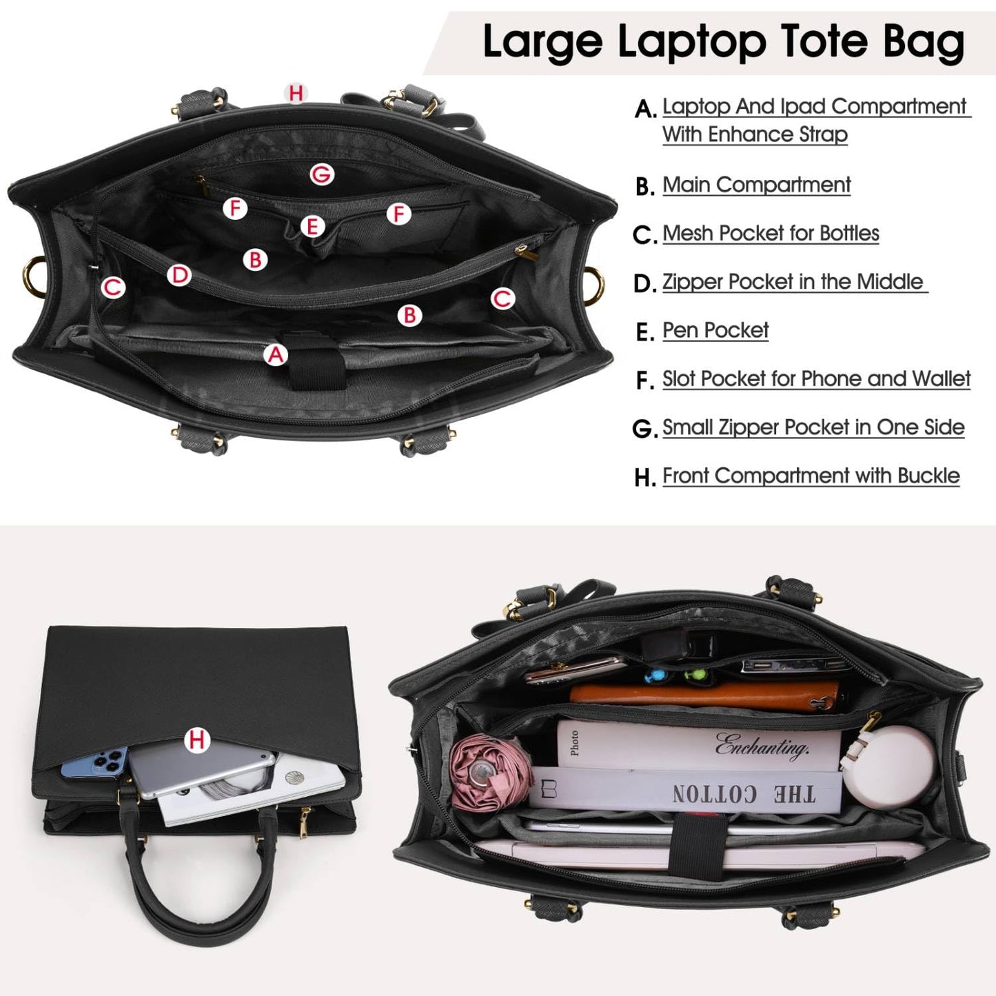 Laptop Bags for Women 15.6 inch Laptop Tote Bag PU Leather Large Work Tote Bag Waterproof Professional Business Office Work Bag Laptop Briefcase Women Travel Handbag Shoulder Bag, Black