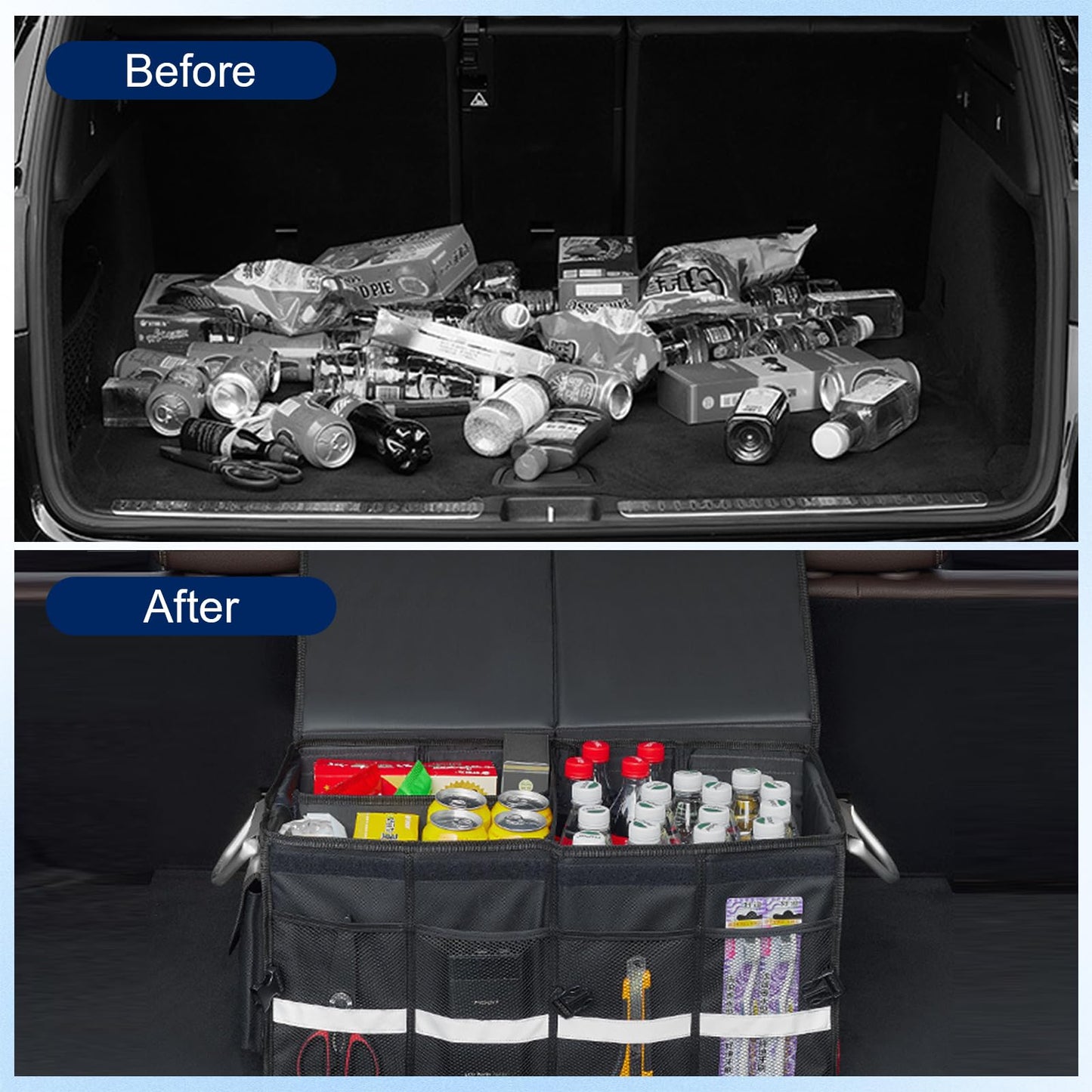 Car Trunk Organizer for SUV, ONATISMAGIN Collapsible Multi Compartments Trunk Storage Organizer, Waterproof Car Storage Organizer with Foldable Lid, Aluminium Handle, Non Slip Bottom (Black)