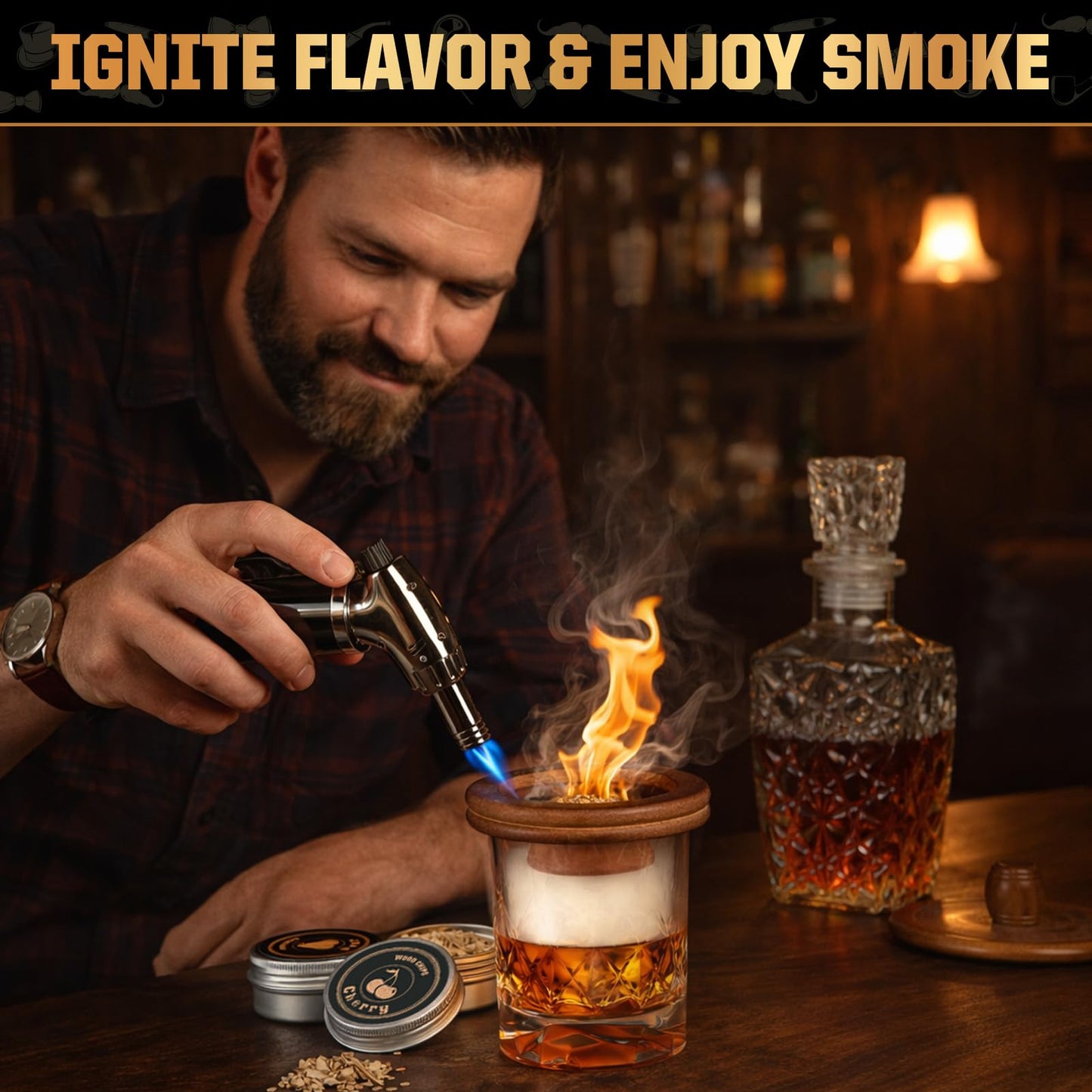 Whiskey Smoker Kit with Torch- 6 Wood Chip Flavors, 4 stainless steel ice cubes - Cocktail Smoker Infuser Kit for Bourbon & Old Fashioned, Birthday Whiskey Gifts for Men, Dad(Without Butane)