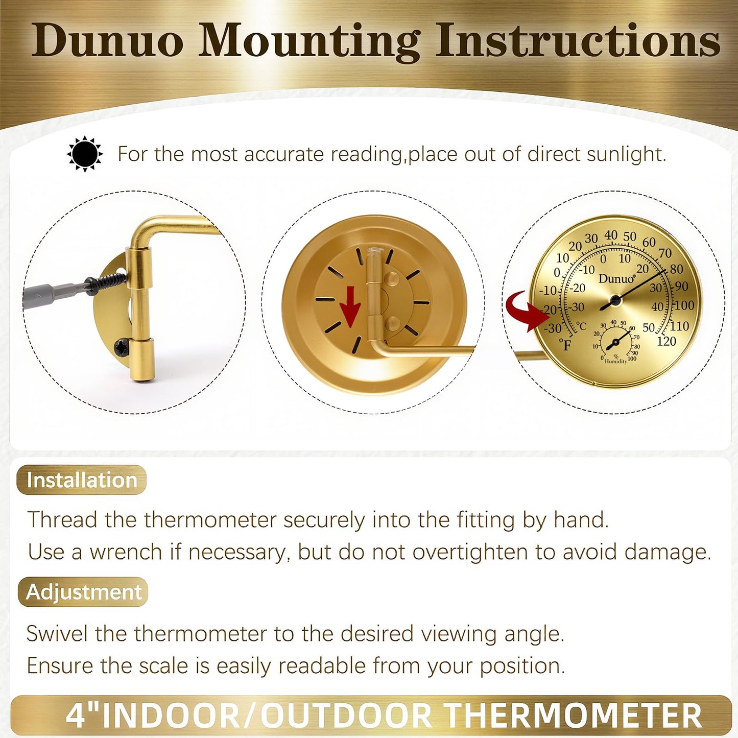 Dunuo 4 Inch Brass Outdoor Thermometer - Analog Temperature Gauge for Patio, Greenhouse, Room, Garage. Solid Brass Swivel Thermometer with Humidity- Golden case (Golden case + Golden dial)