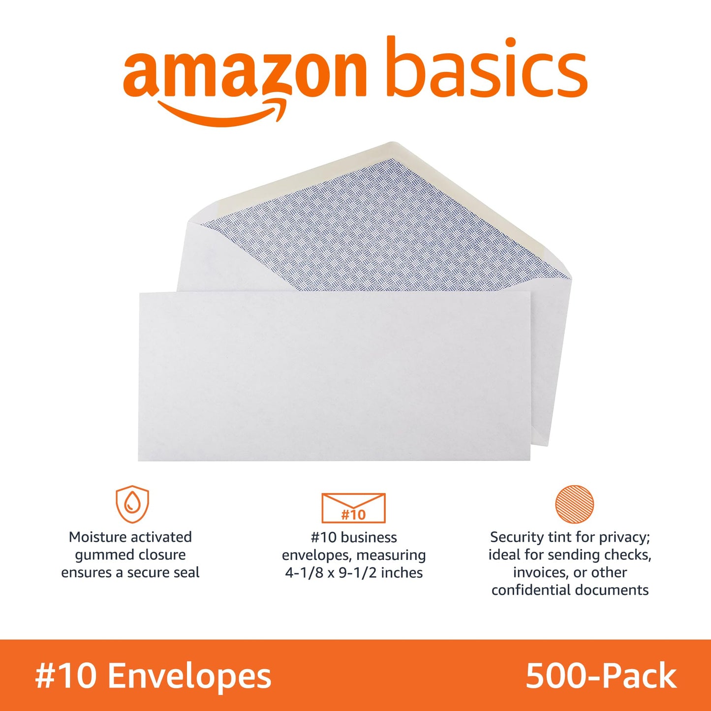 Amazon Basics #10 Security Tinted Business Gummed Envelopes, Moisture Sealed, 4-1/8 x 9-1/2 Inch, Pack of 500, One Size, White