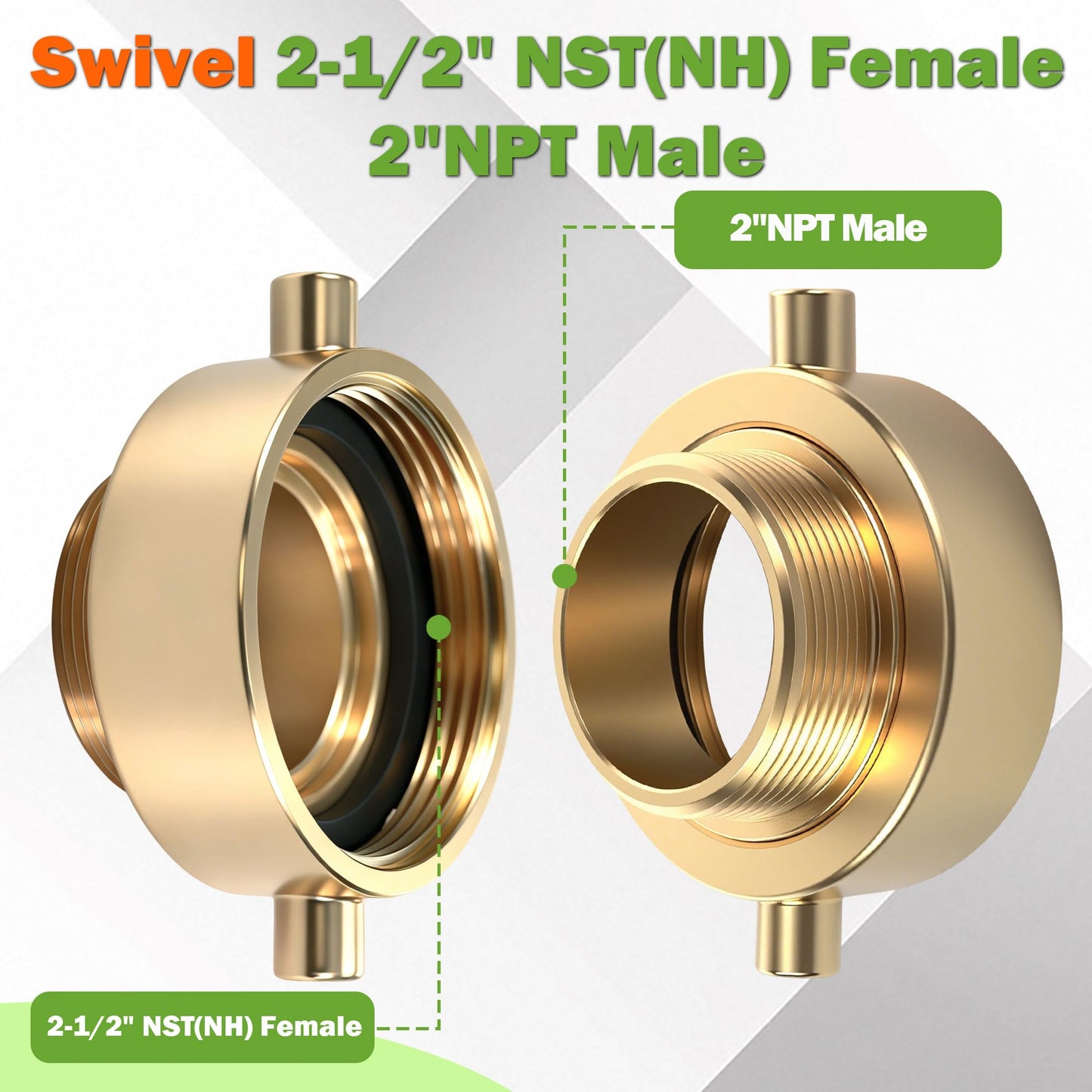 SpringSpray Swivel 2-1/2" NST (NH) Female x 2" NPT Male Brass Fire Hydrant Adapter with Pin Lug Brass Fire Equipment Hose Adapter