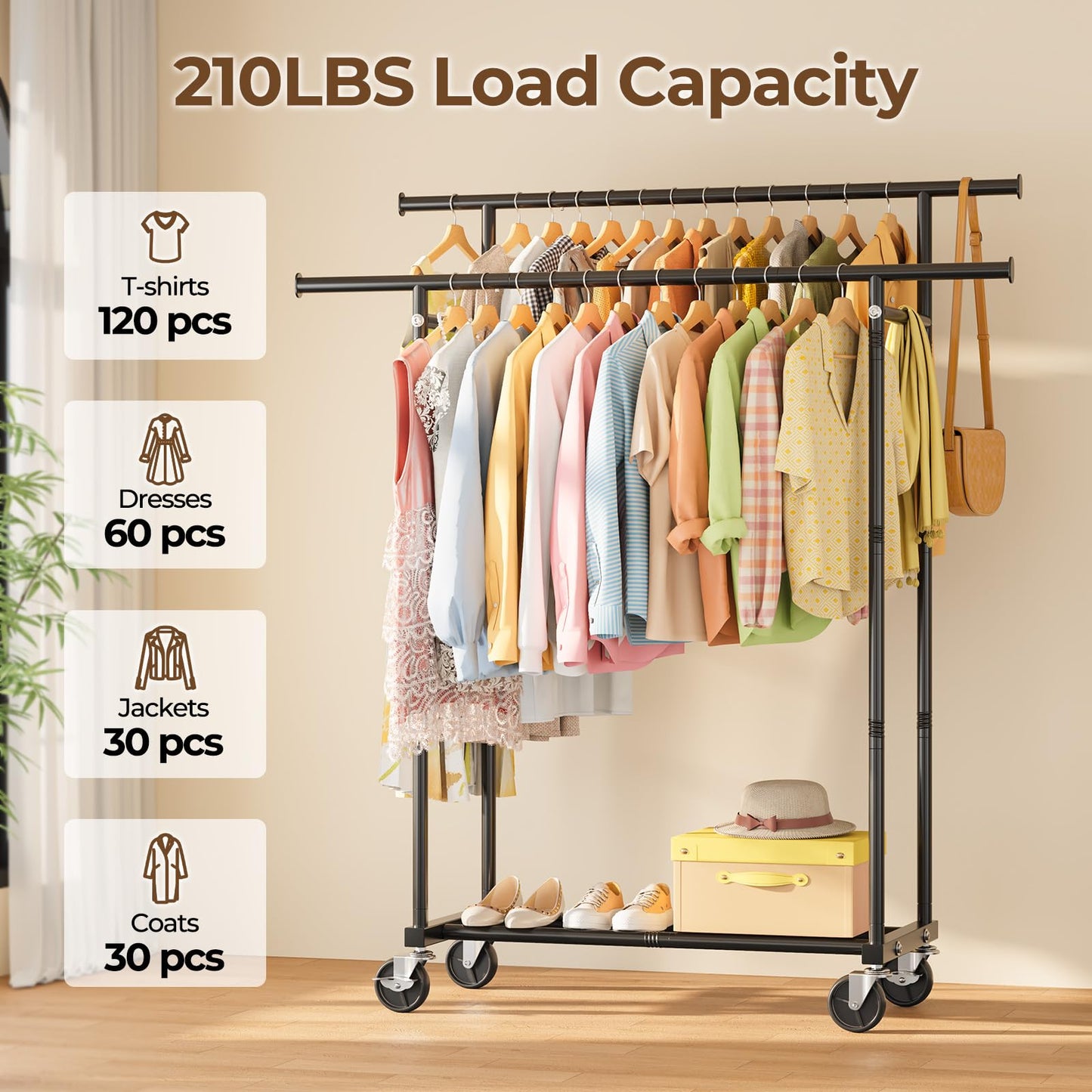 HYSEYY Double Rods Clothing Rack, Rolling Clothes Rack, Metal Garment Rack with 4 Lockable Wheels & Storage Shelf, Sturdy Coat Rack for Bedroom, Laundry, Living Room - 160H x 113W x 42D cm (Black)