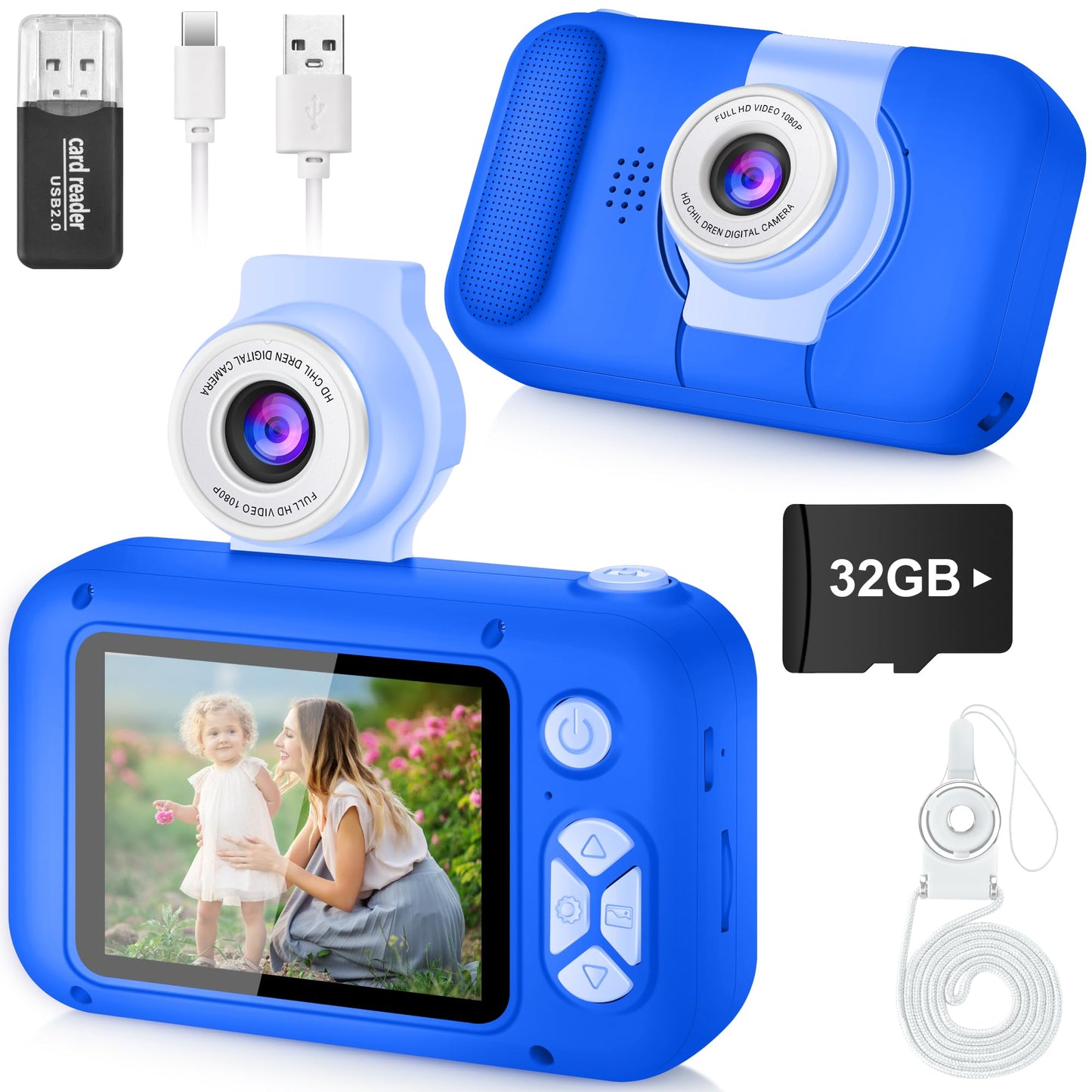 ARNSSIEN Kids Camera, Toddlers Digital Toy Camera with 180° Flip Lens, 2.4 Inch IPS Screen, 32 GB Card, Birthday Festival Present for 3 4 5 6 7 8 9 10 11 12 Year Old Girls & Boys, X101 (Sapphire Blue)