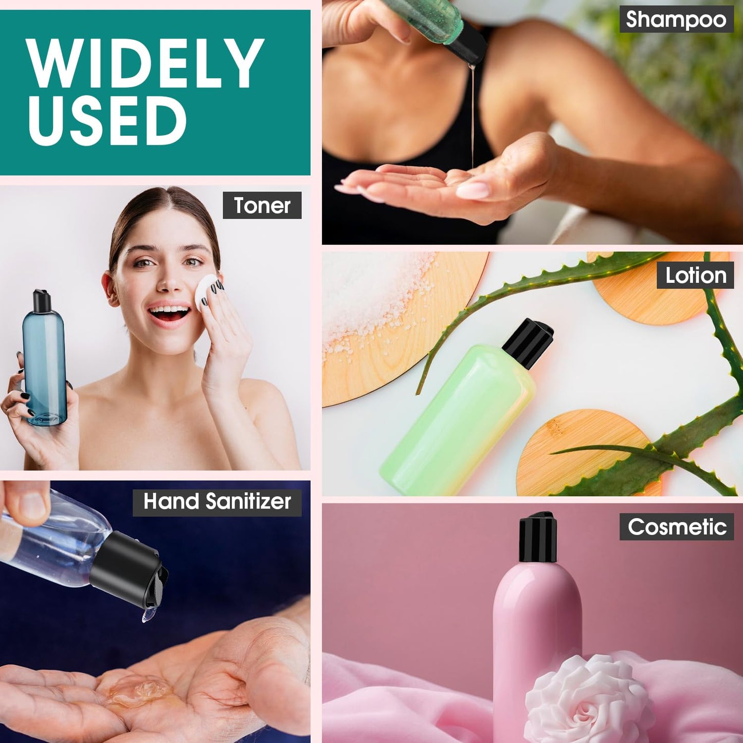 16 oz Clear Plastic Empty Bottles with Black Disc Top Caps, 12 Pcs Squeezable Refillable Shampoo Bottles Travel Cosmetic Containers for Lotions, Body Soap Cream