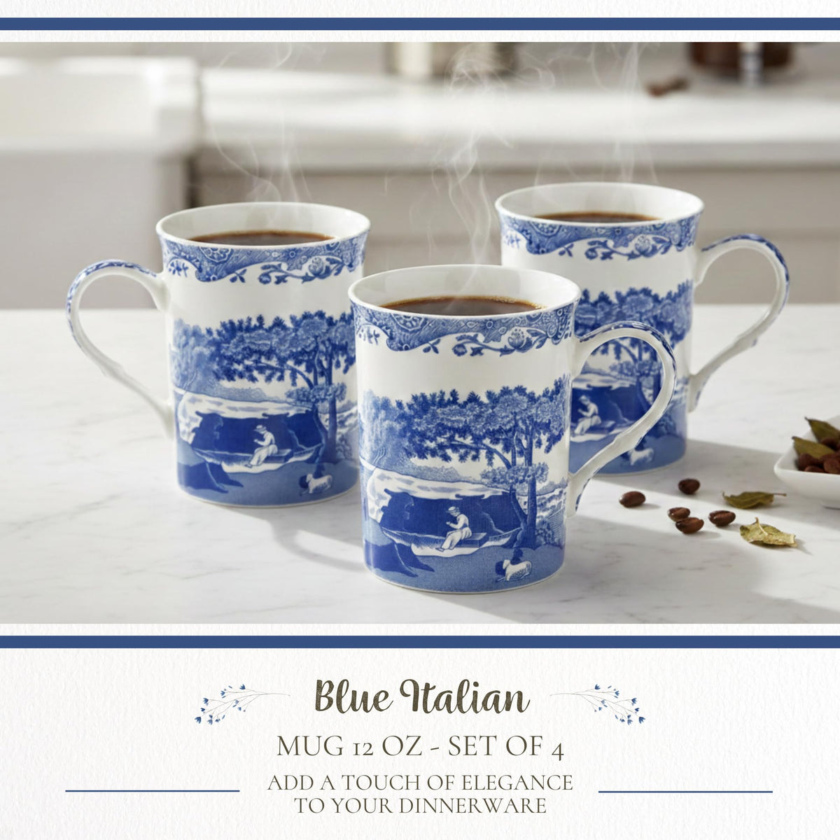 Spode Blue Italian Large Mugs | Set of 4 | 340ml / 12-Ounces | Cup for Coffee, Tea, and Other Beverages | Blue/White | Made of Porcelain | Dishwasher Safe