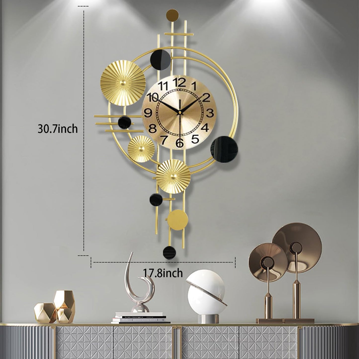 Large Wall Clock for Living Room Decor, Wall Clock for Kitchen, 17.8x30.7nch Big Wall Clock Decorative, Metal Wall Art, Analog Large Clock for Bedroom, Home, Kitchen, Office, Wall Decor (Golden)