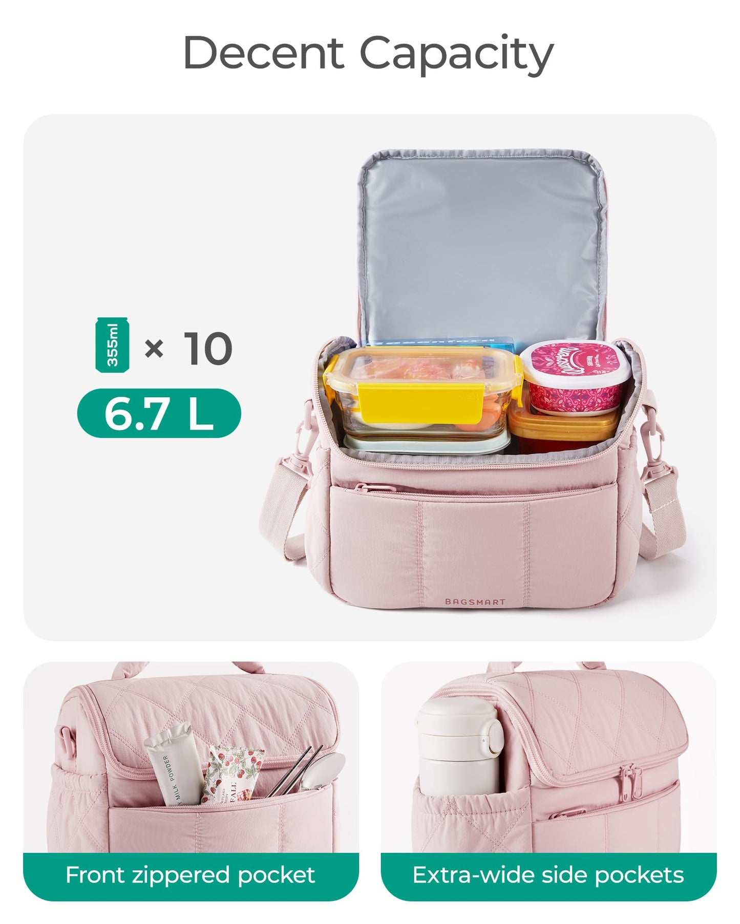 BAGSMART Insulated Lunch Bag, Quilted Puffer Lunch Tote, Leakproof, Durable & Reusable Lunch Cooler Box for Work Picnic Travel Meal Prep, Camel
