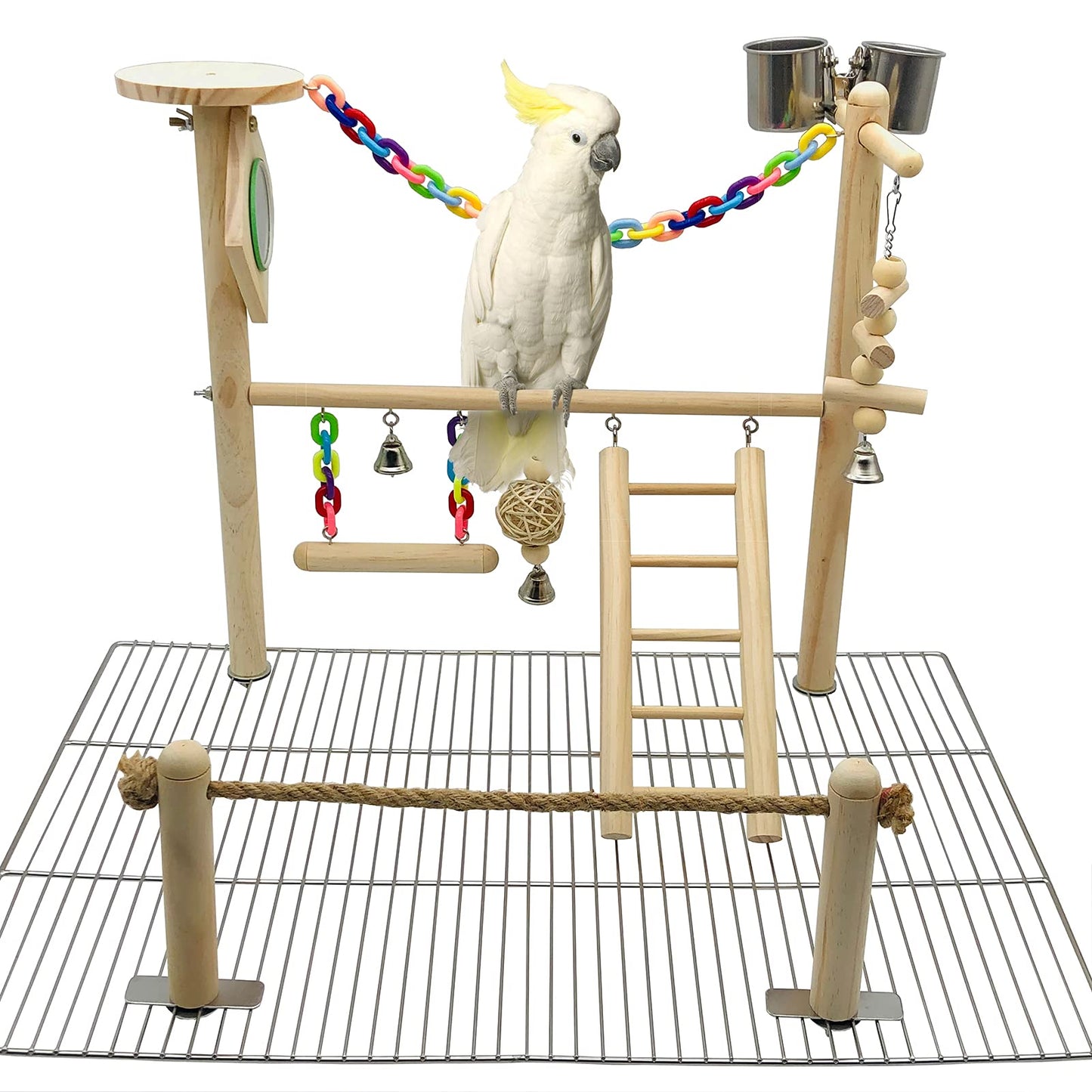 Bird Playground Top Cage, Parrot Gym Hanging Chewing Toys, Cage Top Play Stand for Conure, Parakeets, Budgie, Cockatiels, Lovebirds, Wood Perch Toys