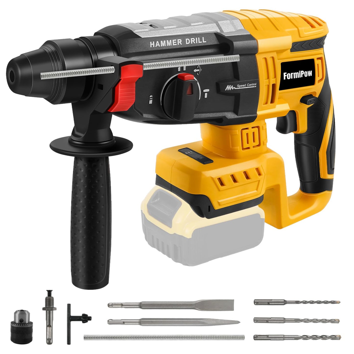 FormiPow SDS-Plus Rotary Hammer Drill for Dewalt 20V Battery, 2.6J Impact Brushless Hammer Drill with 4 Mode Operation, 360° Rotating Cordless Hammer Drills with 5 PCS Drill & Chisel Set (No Battery)