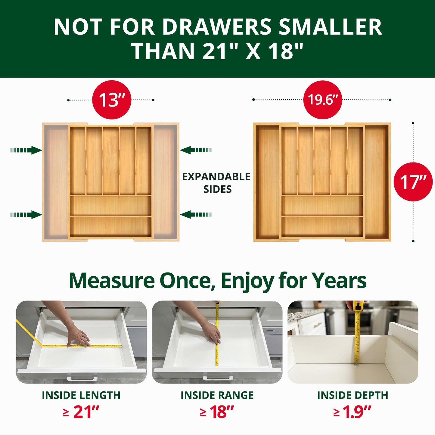Luxury Cutlery Drawer Organizer - Utensil Holder & Kitchen Drawer Organizer, Bamboo Expandable 9 Slots Silverware Drawer Organizer For Kitchen, Slip Resistant For Flatware & Kitchen Utensils, Natural