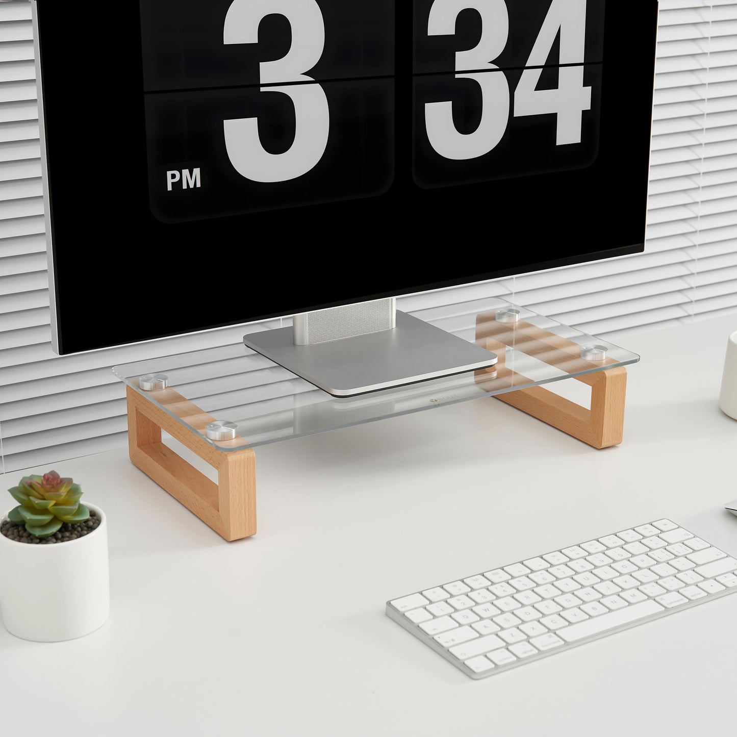 Clear Glass Computer Monitor Stand Riser with Wooden Base for Flat Screen LCD, LED TV, Laptop, Printer, Multi Media Desktop Stand, Office Supplies Desk Organization (Light&Clear)