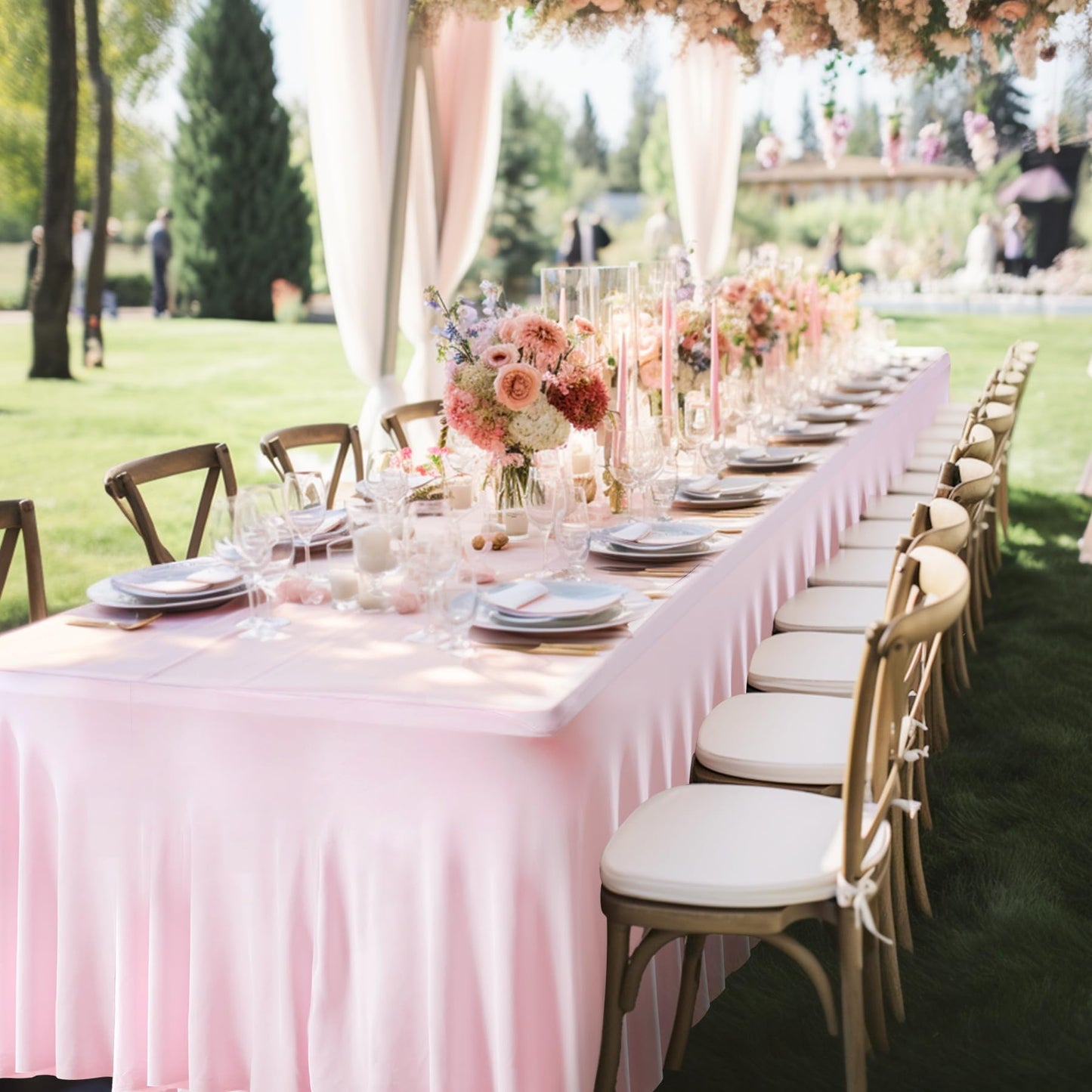 2 Packs Pink Table Clothes for 6 Foot Rectangle Tables, One-Piece Wrinkle Resistant Stretch Spandex Table Covers with Skirt for Event Banquet Wedding Birthday Party