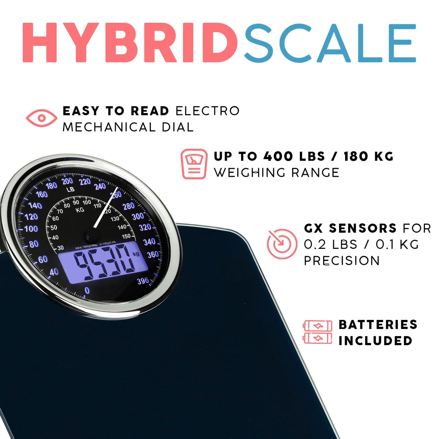 Adamson Pèse-personne Hybride - Nouveau - 2-en-1 Digital et Analogique - Jusqu'à 180 kg - Verre trempé épais - Grand écran - Lecture facile