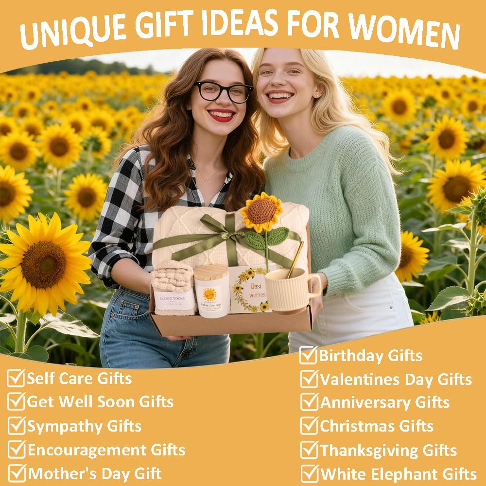 Cozy Blanket Gift Basket for Women, Sunflower Set with Throw Blanket Mug Socks Scented Candle, Birthday Mother's Day Christmas Anniversary Get Well Soon Gift for Her Friend Mom Sister Wife