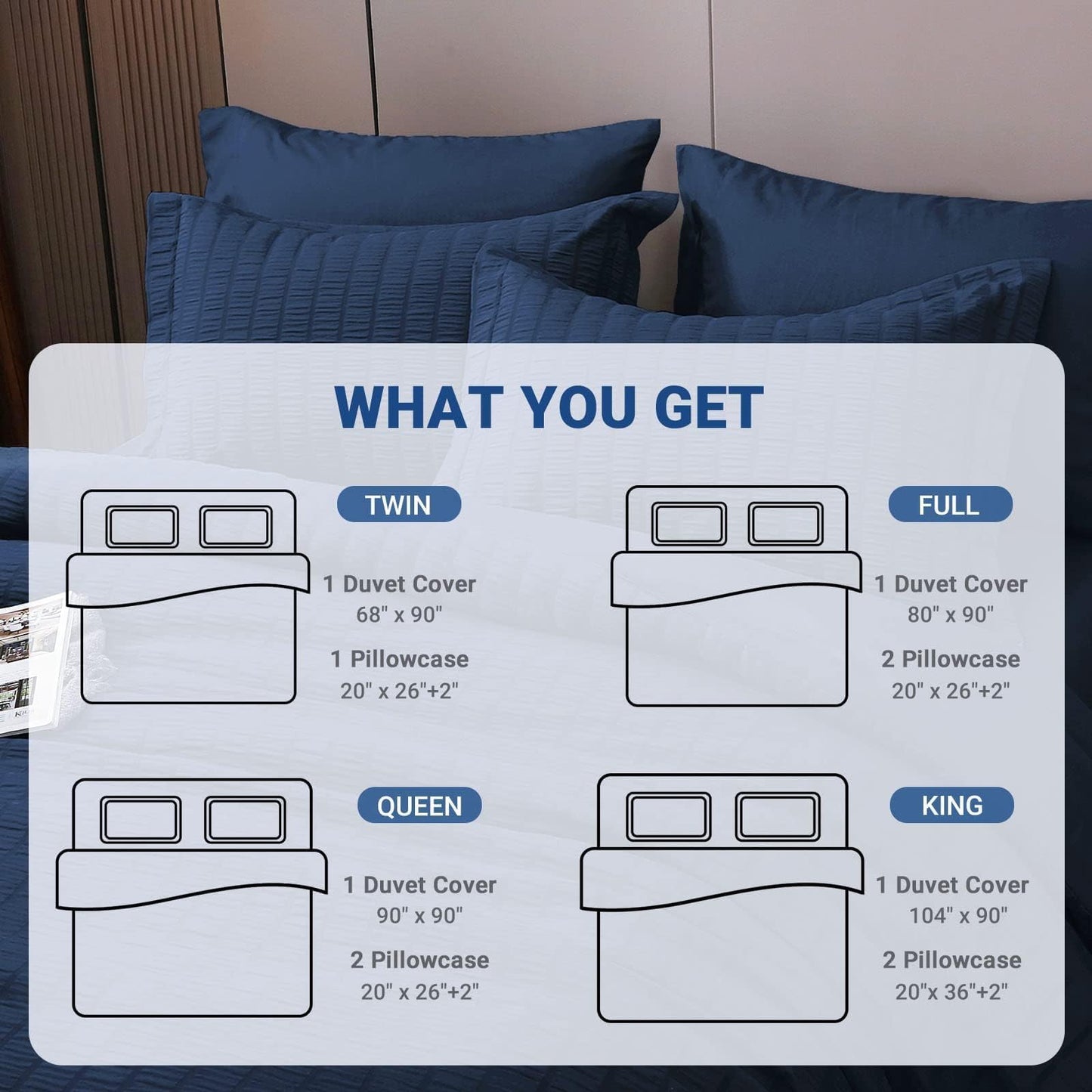 HYMOKEGE Navy Blue Duvet Cover King Size, Ultra Soft 3-Piece Seersucker Duvet Cover Set with Zipper Closure, Soft Brushed Microfiber Bedding Set with 8 Corner Ties (104"x90", 2 Pillowshams)