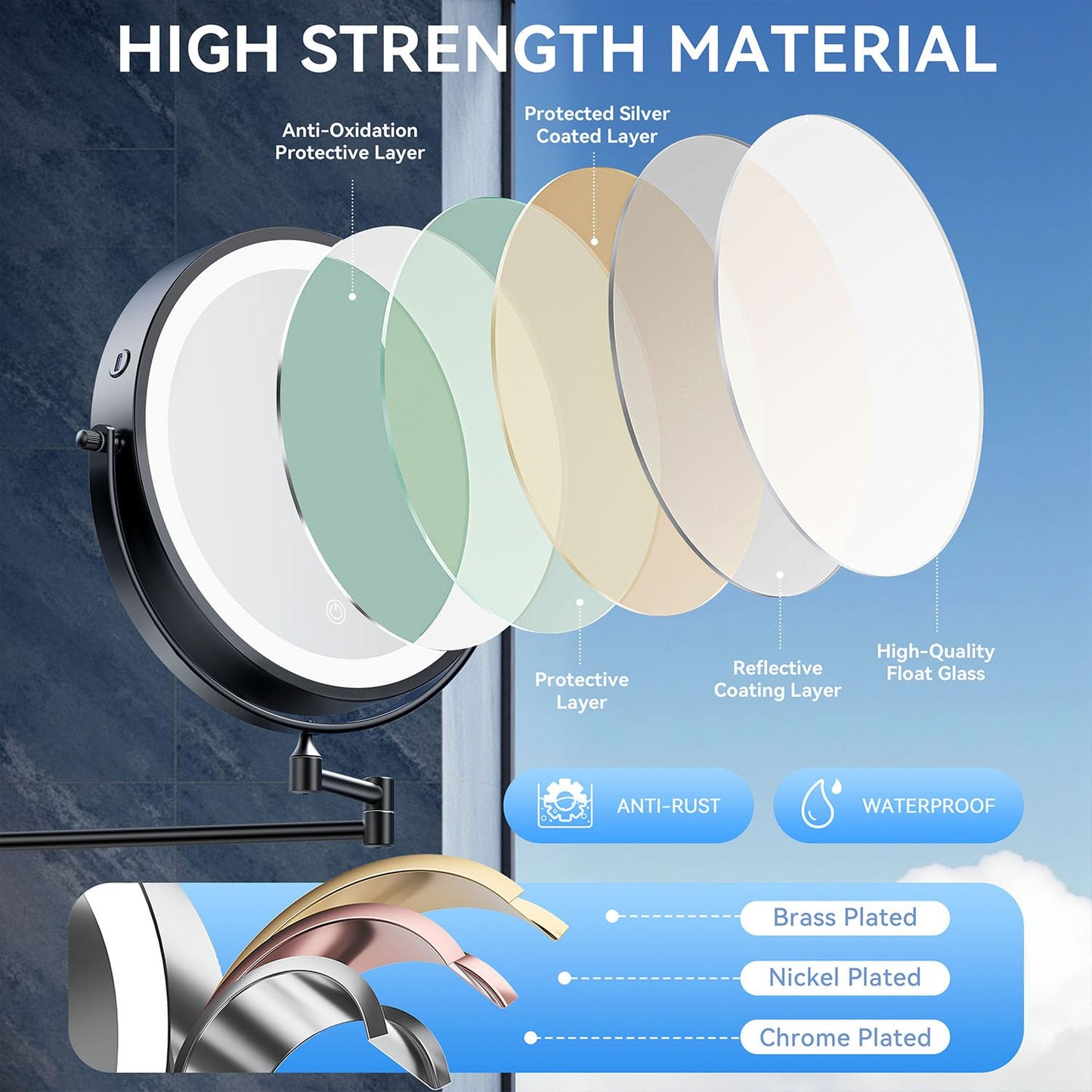 Auxmir 5000mAh Rechargeable Wall Mounted Makeup Mirror, 1X/30X Double Sided Magnifying Bathroom Mirror, 10" Lighted Vanity Mirror with 3 Color Modes, Touch Dimmable, 360° Swivel Extended Arm, Black