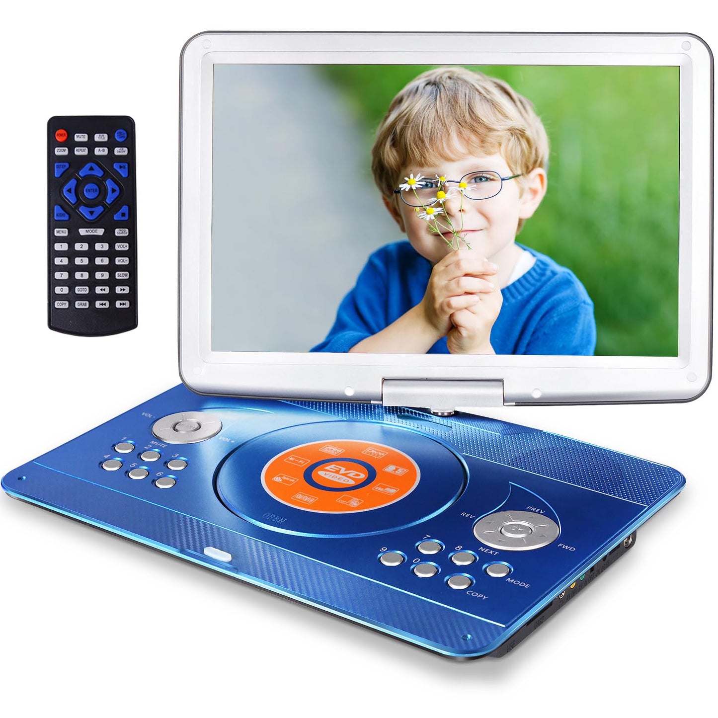 16.9" Portable Mobile DVD Player with 14.1" Large Swivel Screen with 6 Hrs Rechargeable Battery for Kids, Sync TV, Support USB SD Card with Car Charger (Blue)