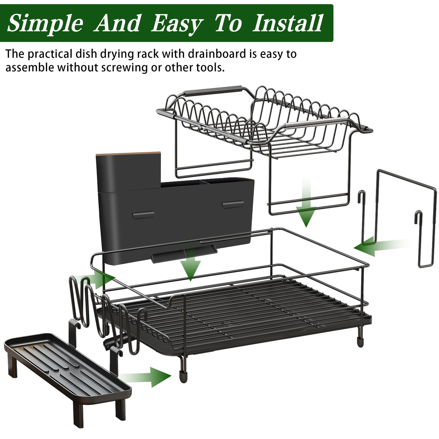 Runnatal Large Dish Drying Rack with Drainboard Set, Extendable Dish Rack, Utensil Holder, Cup Holder, Large-Capacity 2-Tier Dish Drying Rack, Expandable Dish Drainer for Kitchen Counter