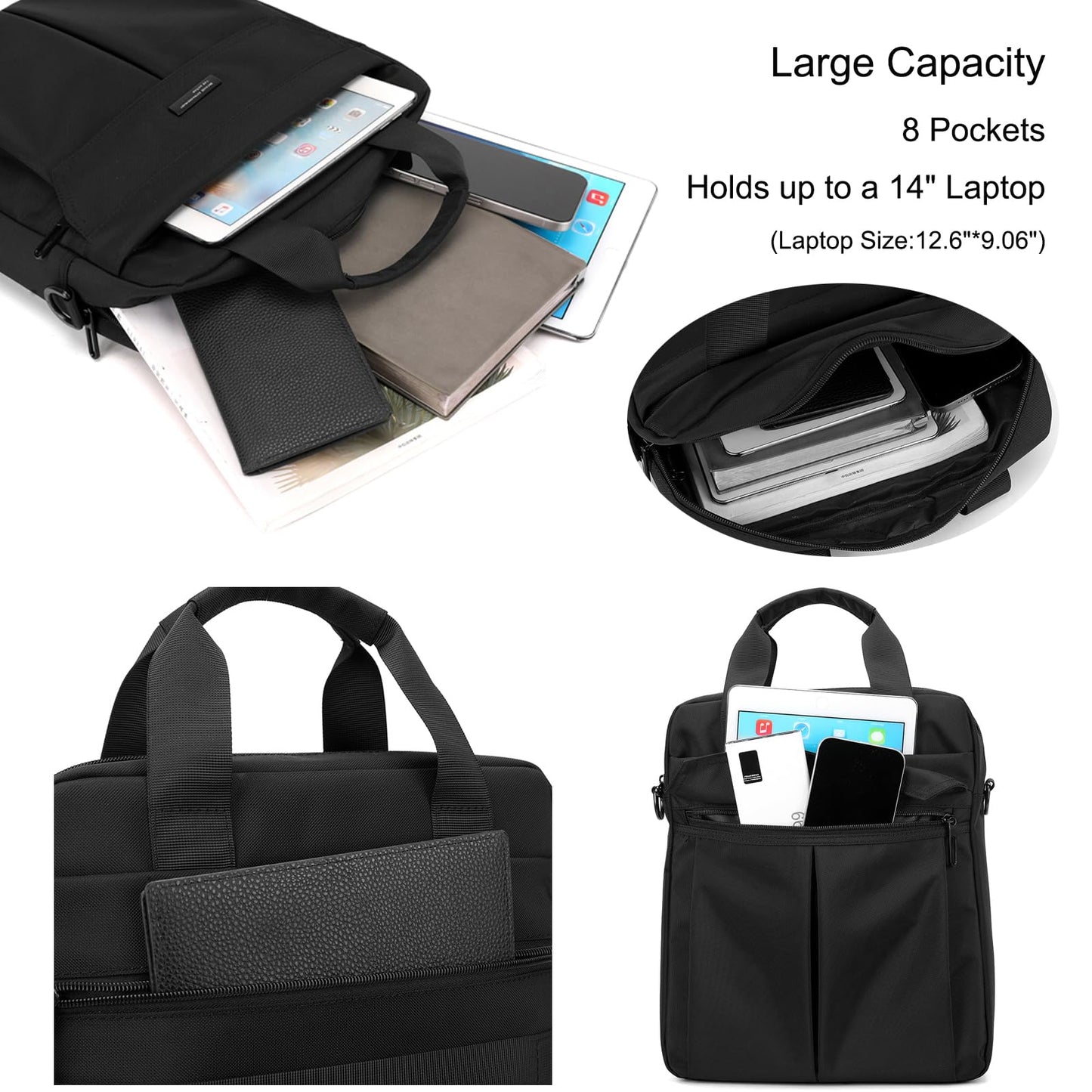 Laptop Bag 14 Inch Briefcase for Men Women Waterproof Nylon Lightweight Compact, Shoulder Messenger Handbag for Business Work Office Travel College Black