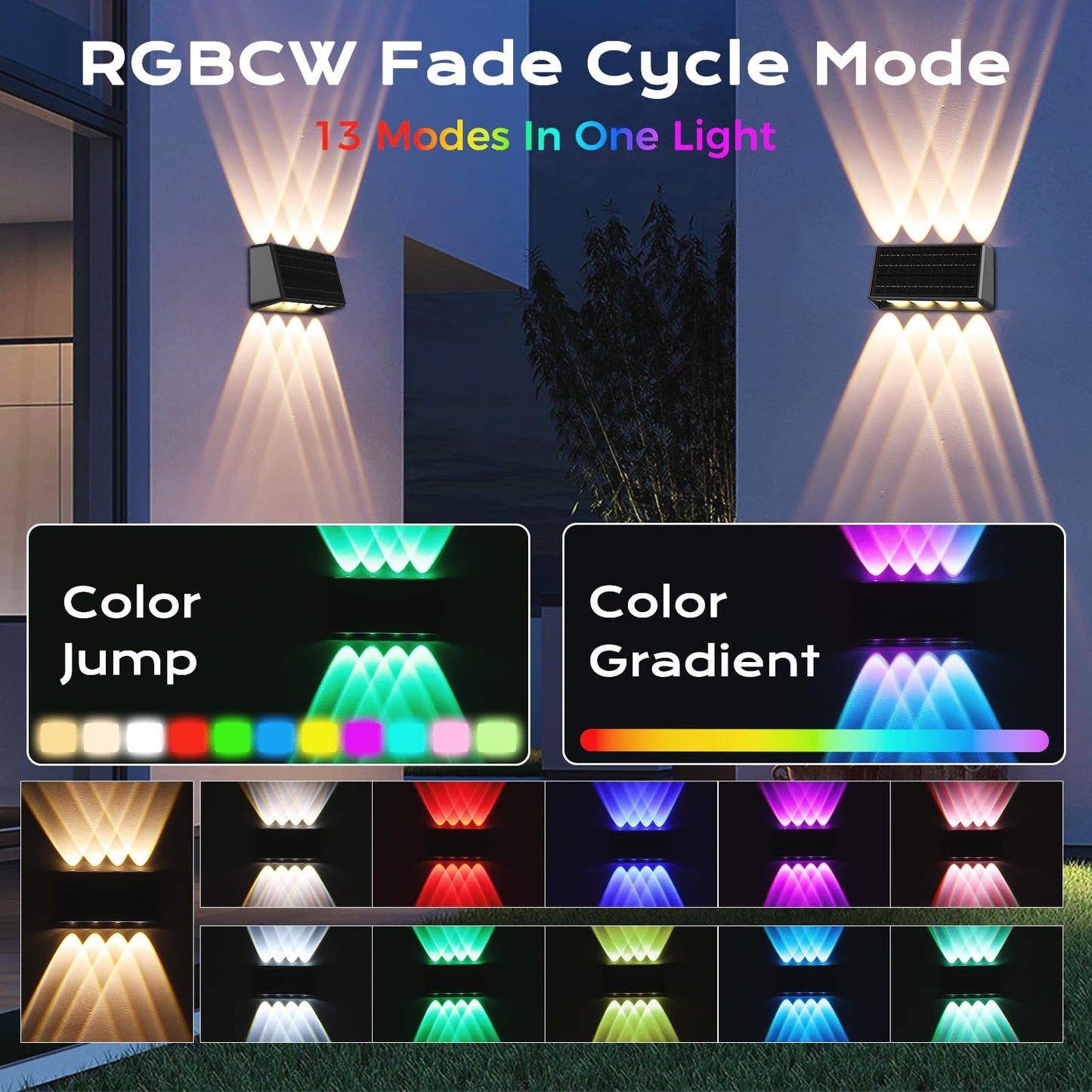 Quntis 4-Pack RGBCW Solar Fence Lights, UP & Down 8-LEDs Brighter Lighting, 13 Color Modes, IP65 Waterproof Solar Deck Lights, Auto On/Off Solar Lights Outdoor for Garden Porch Yard Step Stair Wall