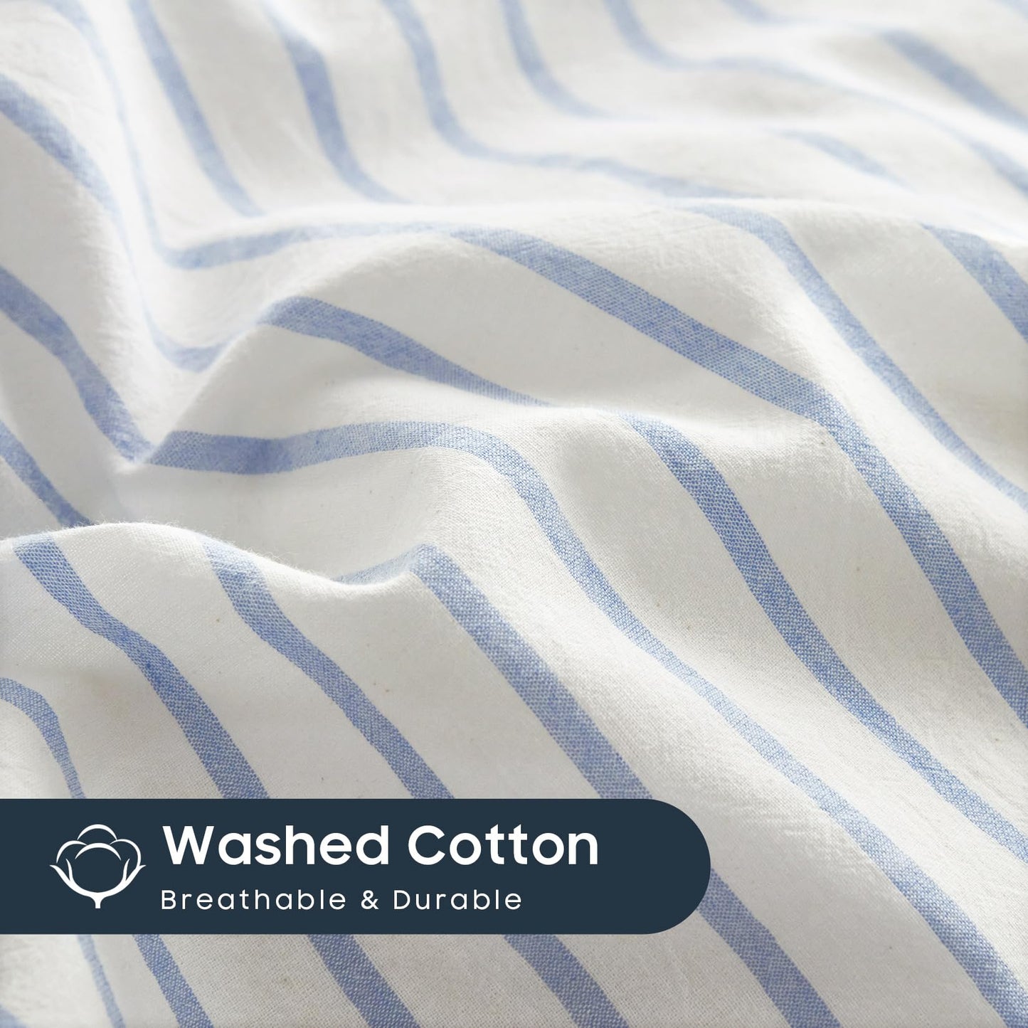 Wake In Cloud - Striped Cotton Duvet Cover Set, Ticking Stripe Vertical Pinstripe Farmhouse, 100% Washed Cotton Bed Bedding Set with Zipper Closure, 3 Pieces, Blue White, Queen Size