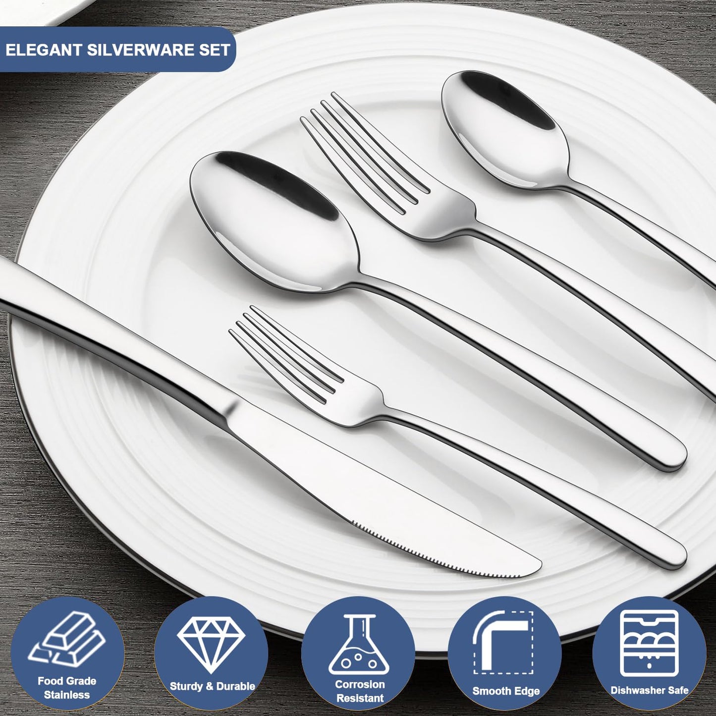 60-Piece Silverware Set Service for 12, Wildone Premium Stainless Steel Flatware Set, Mirror Polished Cutlery Utensil Set for Home Restaurant, Include Fork Knife Spoon Set, Durable, Dishwasher Safe