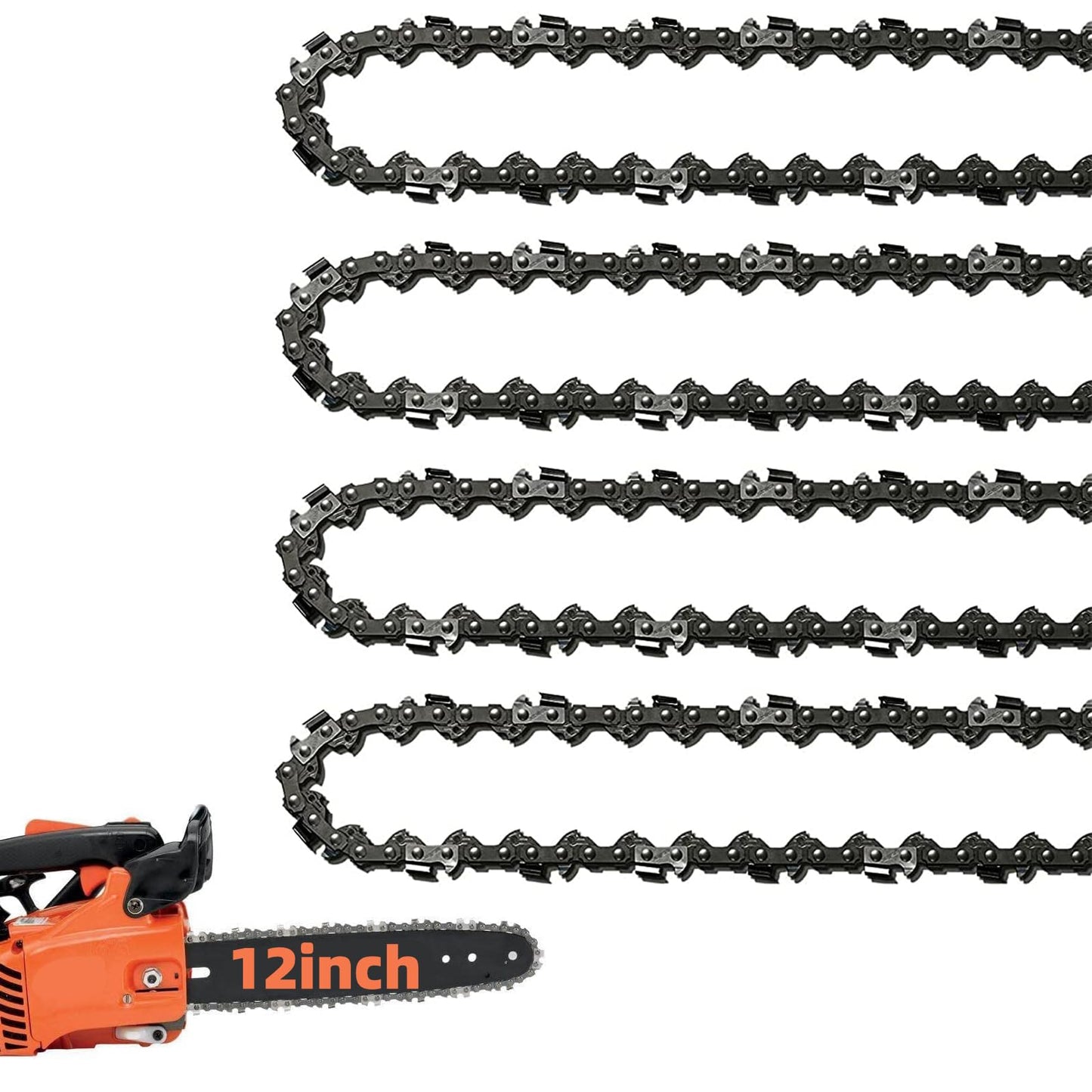 4 Pack 12 Inch Chainsaw Chains 3/8 LP Pitch .050" Gauge 45 Drive Links, 12" Replacement Chain Low-Kickback Compatible with Craftsman, Greenworks, Poulan, Remington, Echo, Ryobi and More