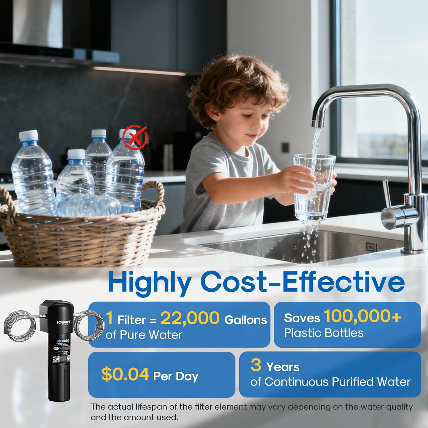 ICEPURE Under Sink Water Filter System, 3 Years or 22000 Gallons Ultra High Life NSF/ANSI 42 Certified, Removes Heavy Metals,Chlorine,Direct Connect Under Counter Drinking Water System, USA Tech Black