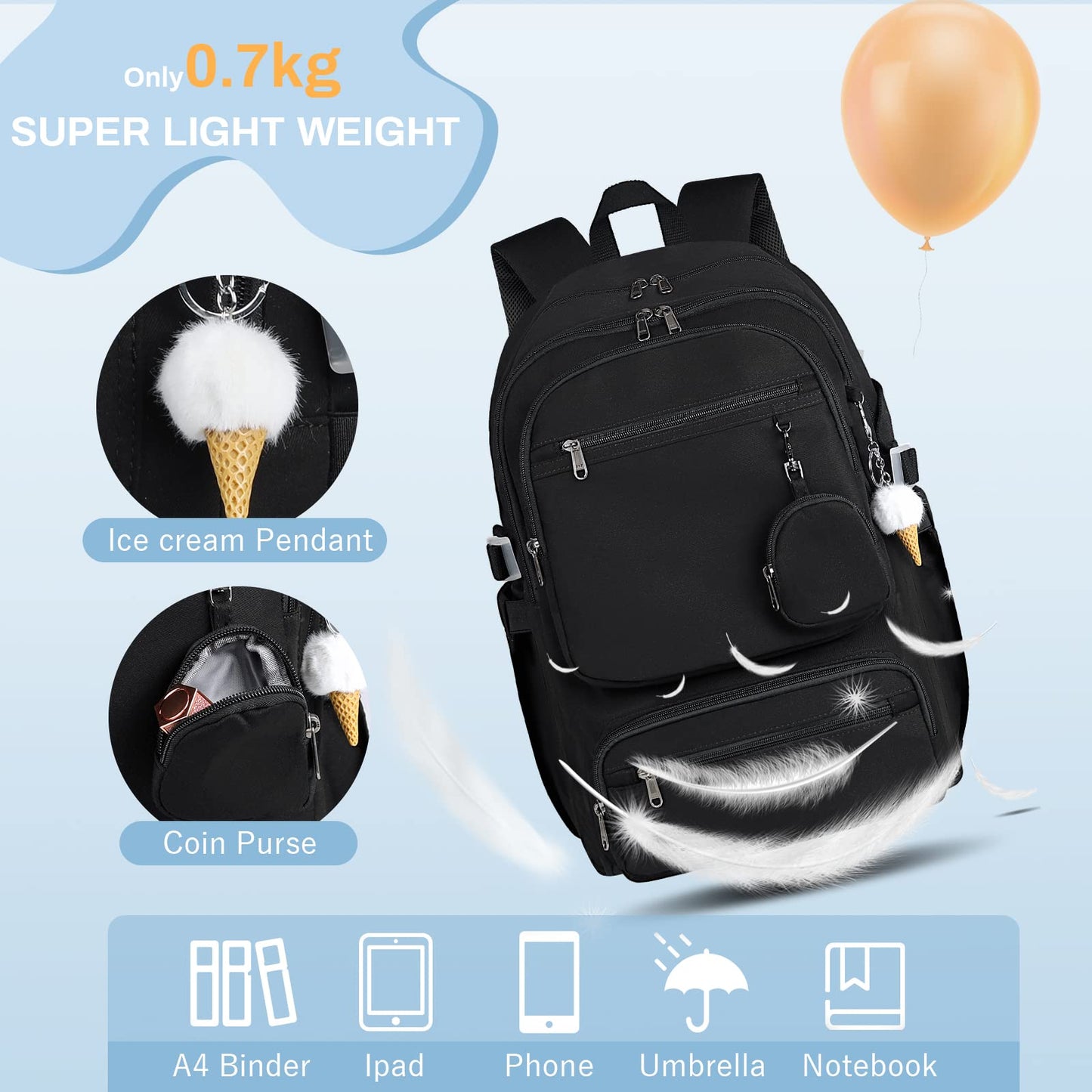 RAINSMORE Lightweight School Backpack for Women Travel Casual Daypack Rucksack Bookbag for Teen Girls Laptop Backpacks 15.6 inch for College High School, Black